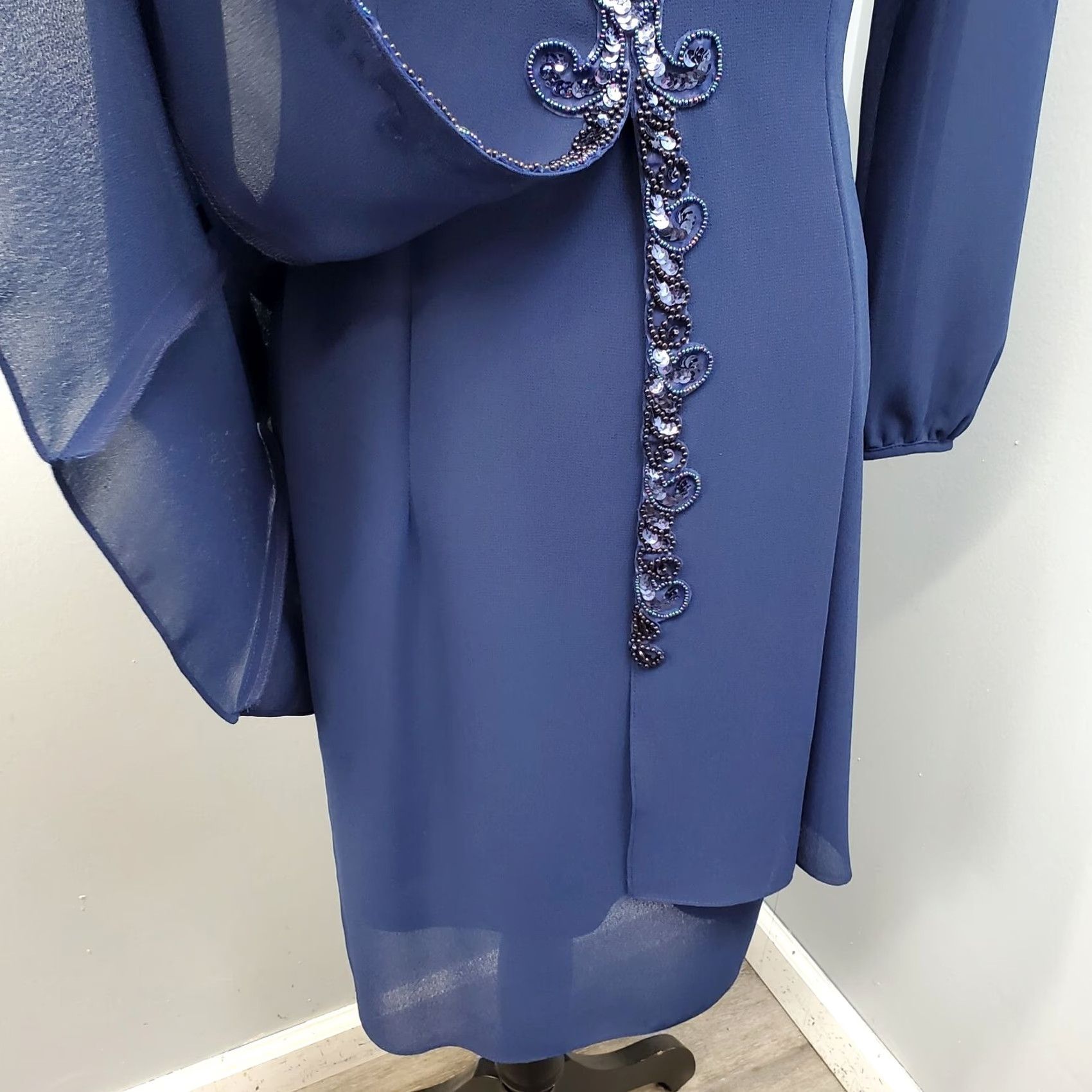 Vintage Ursula Dress Womens 6P Navy Beaded Embellished Shoulder Pads Back Zip Midi Dress Size M / US 6-8 / IT 42-44 - 7 Thumbnail
