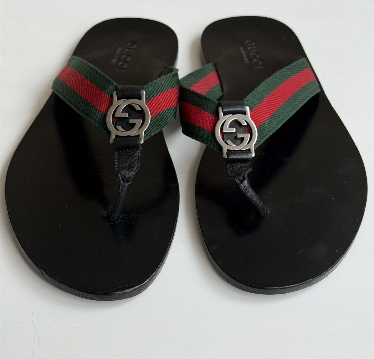 GUCCI Tom Ford 1999 GG Web Leather Thong Slides Sandal Demna