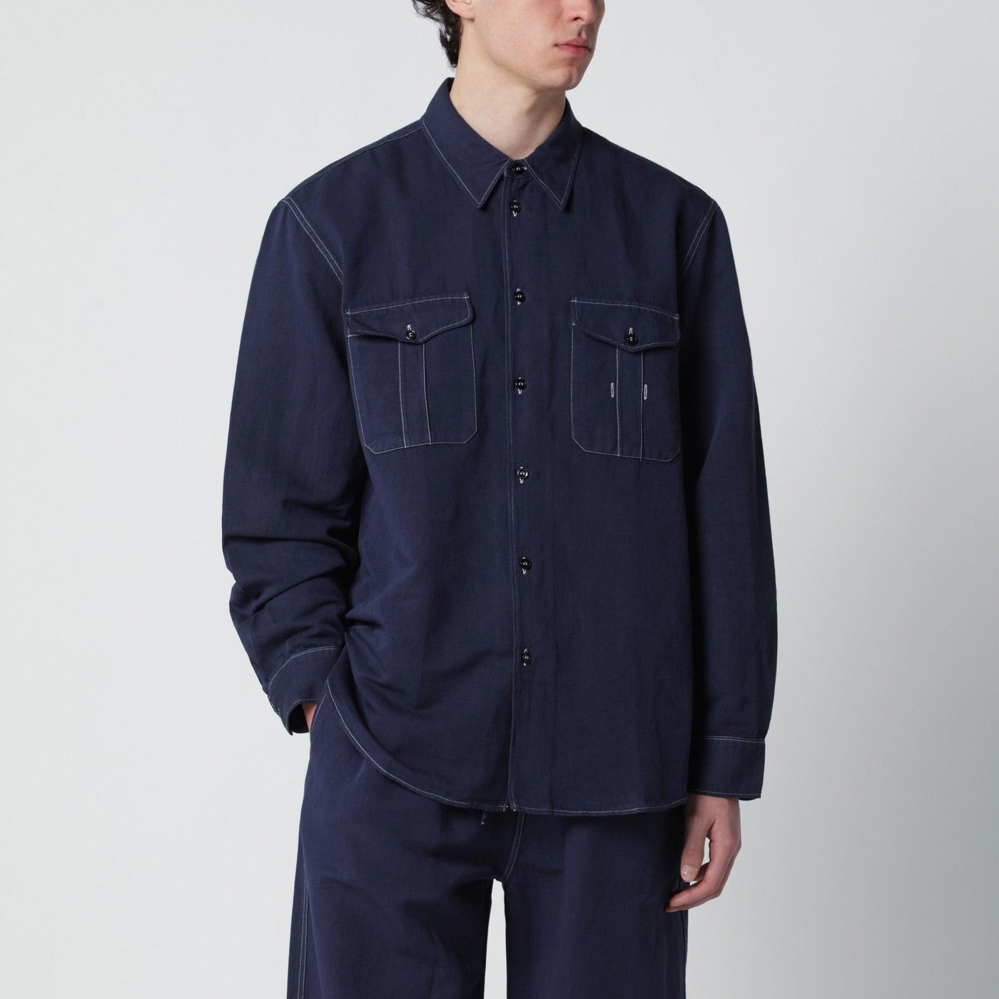 Studio Nicholson Studio Nicholson Louro Shirt Indigo Blue In Cotton And Linen Size US L / EU 52-54 / 3 - 1 Thumbnail
