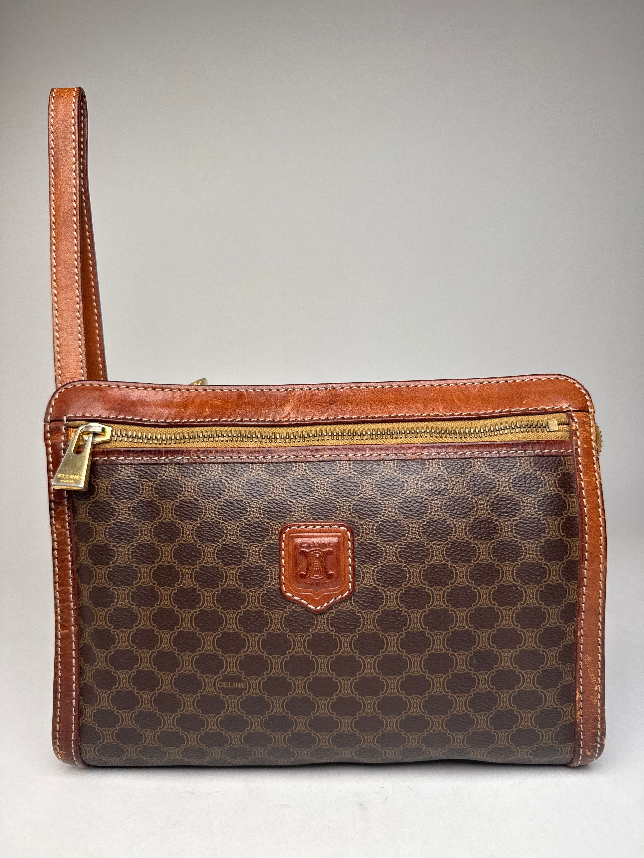 Celine Vintage Paris Triomphe Monogram Leather Clutch Brown Size ONE SIZE - 1 Thumbnail