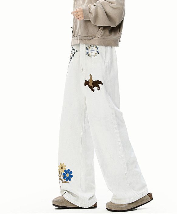 Japanese Brand Men's street hip-hop wide-leg loose flared embroidered jeans Size US 32 / EU 48 - 3 Thumbnail