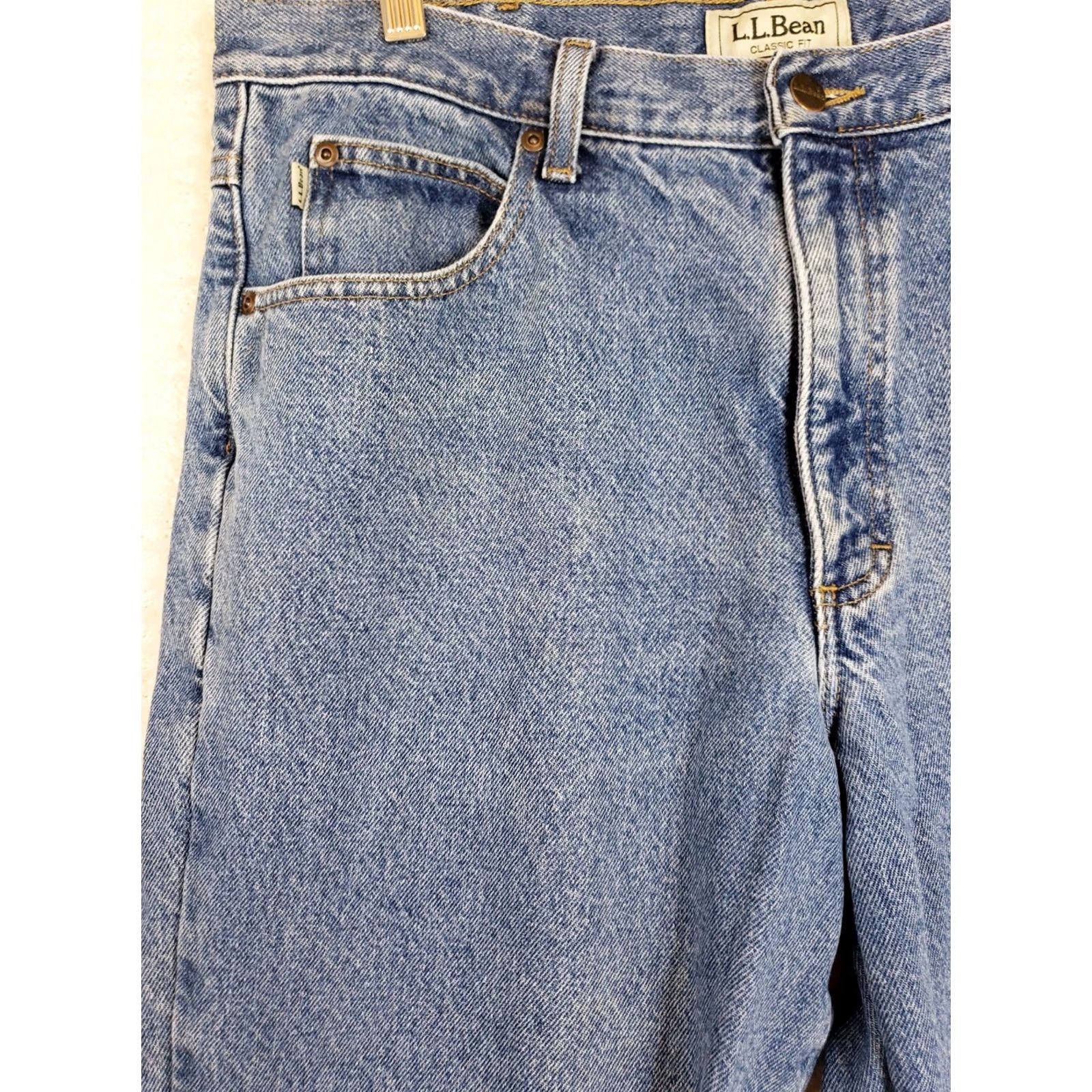 Denime LL Bean Denim Jeans 35x30 Blue Classic Fit 5-Pocket Straight Zip Raw Denim Relaxed Men Size US 35 - 3 Thumbnail
