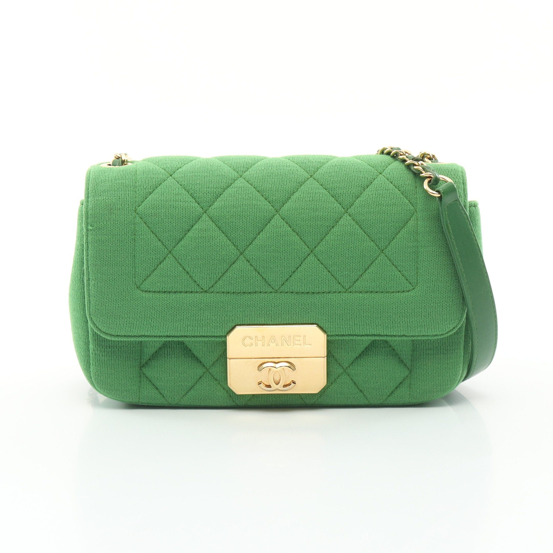 Chanel Matelasse Single Flap Chain Shoulder Bag Cotton Jersey Leather Green Gold Hardware