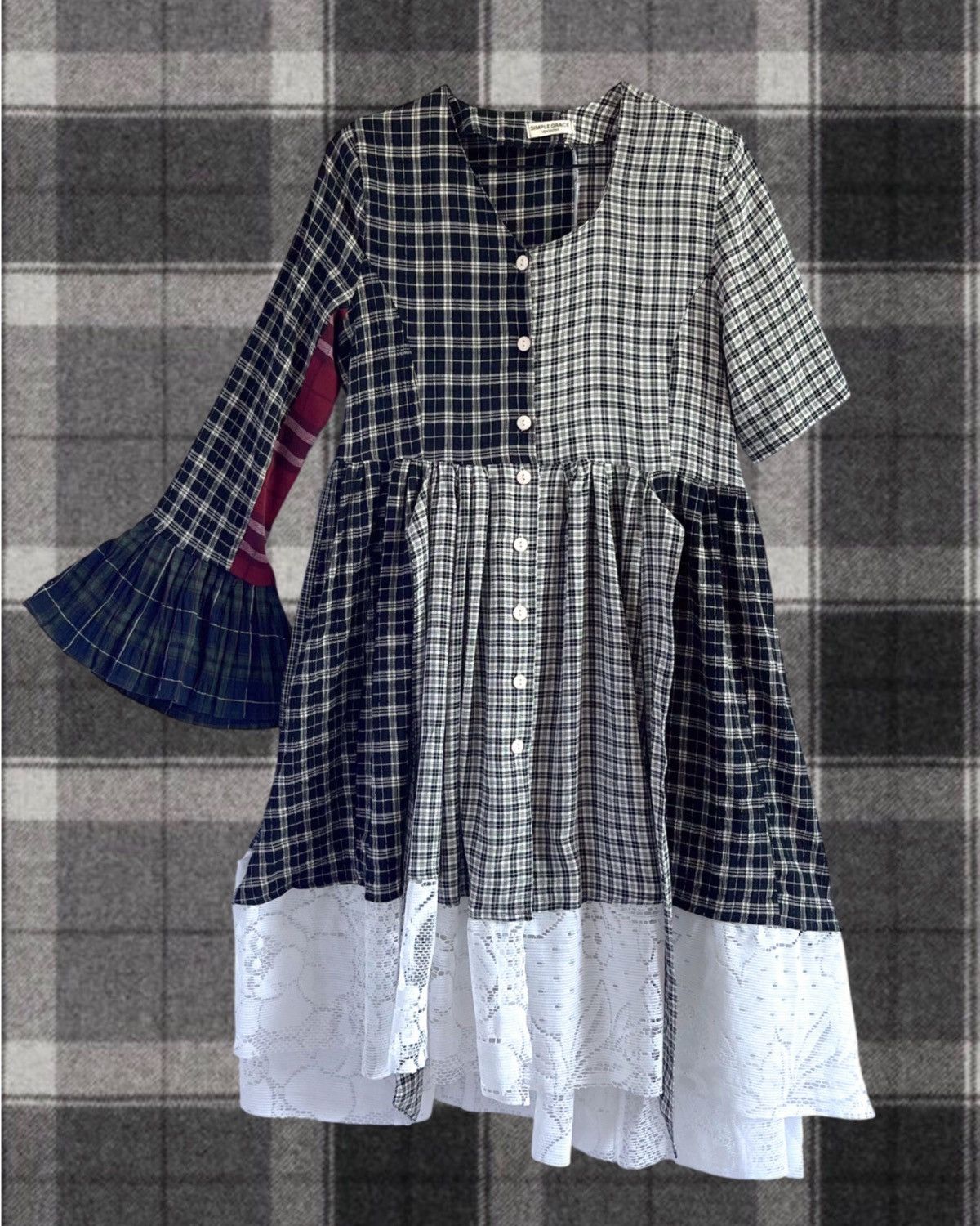 Custommade upcycled asymmetrical sleeves plaid midi dress with tulle Size S / US 4 / IT 40 - 1 Thumbnail