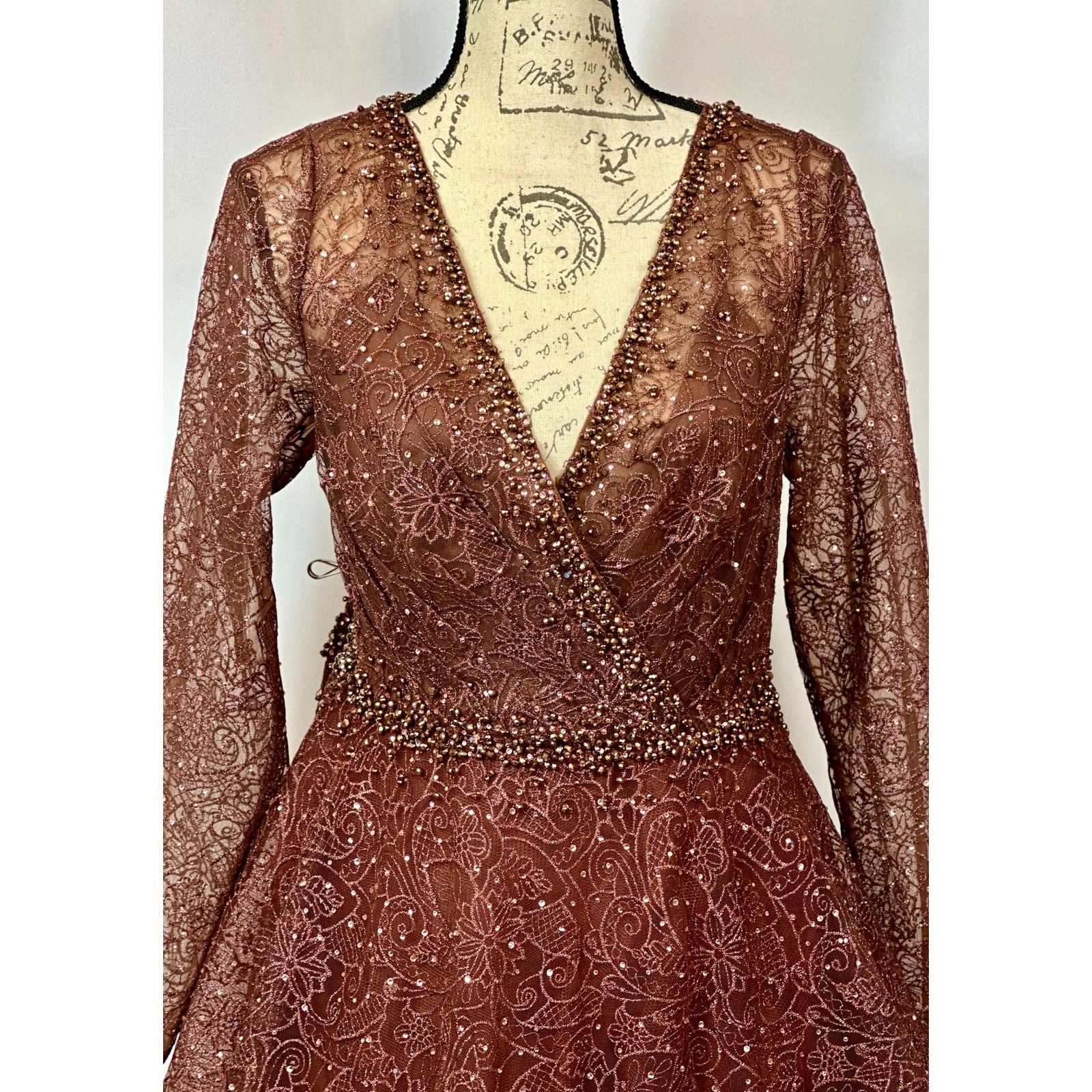Other Mac Duggal Embellished Illusion V-Neck Gown Chocolate 12 Size XL / US 12-14 / IT 48-50 - 14 Thumbnail
