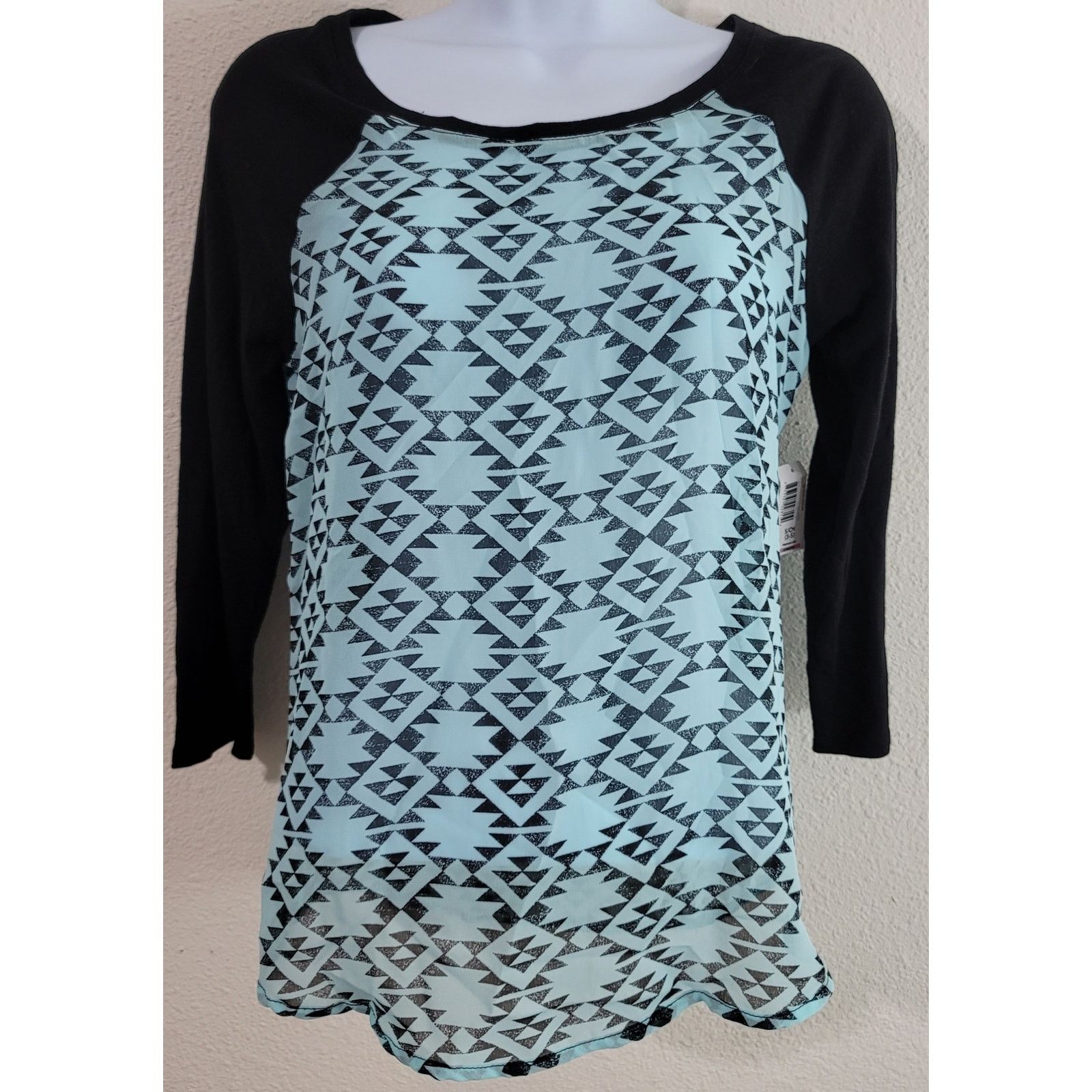 Other No Boundaries Teal Black Sheer Top Small NWT Raglan Sleeves Size S / US 4 / IT 40 - 1 Thumbnail