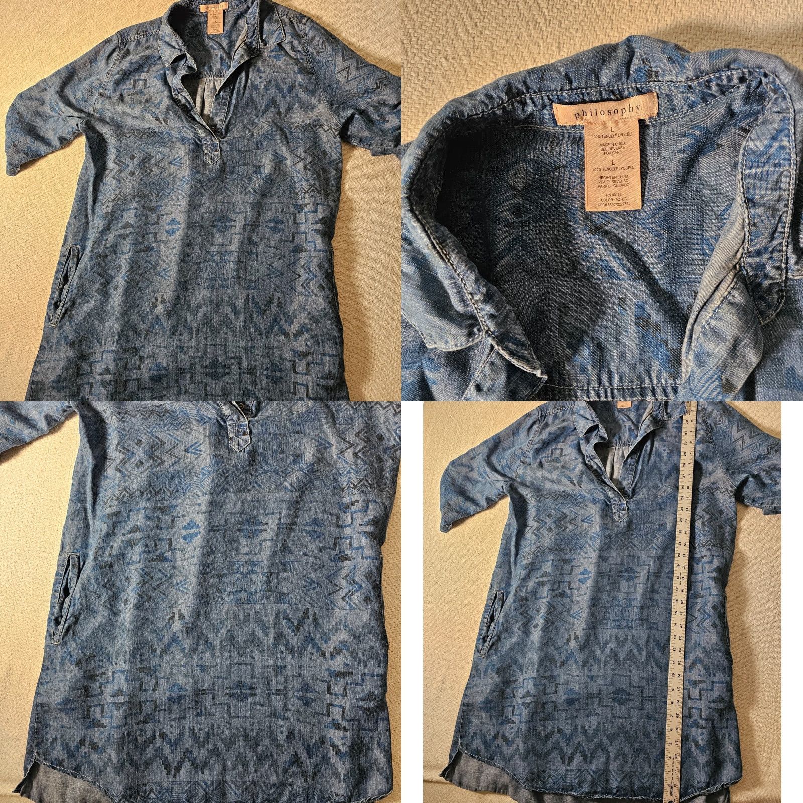 Vintage PHILOSOPHY SHIRT DRESS Women L Blue Chambray Aztec Print Geometric Knee Length Short Sleeve Roll Tab Size L / US 10 / IT 46 - 8 Thumbnail