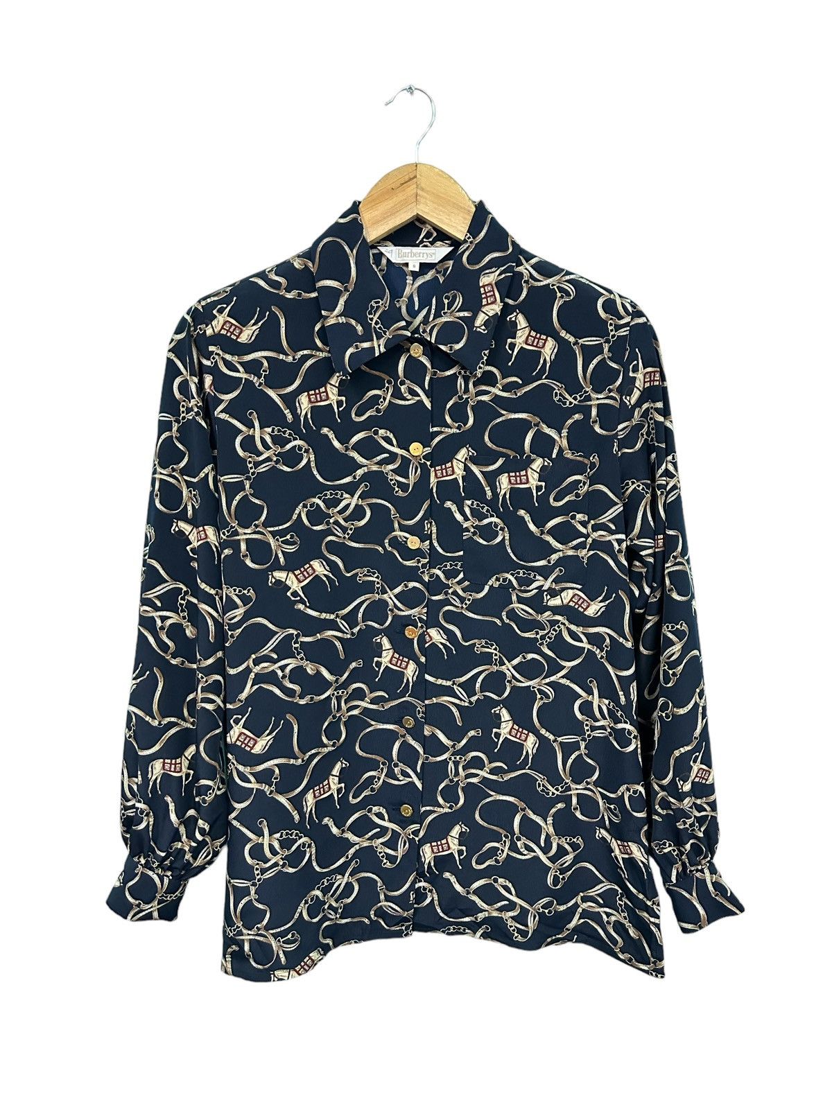 Burberry Prorsum RARE VINTAGE BURBERRYS CHAIN HORSE OVERPRINT BLOUSE Size L / US 10 / IT 46 - 1 Thumbnail