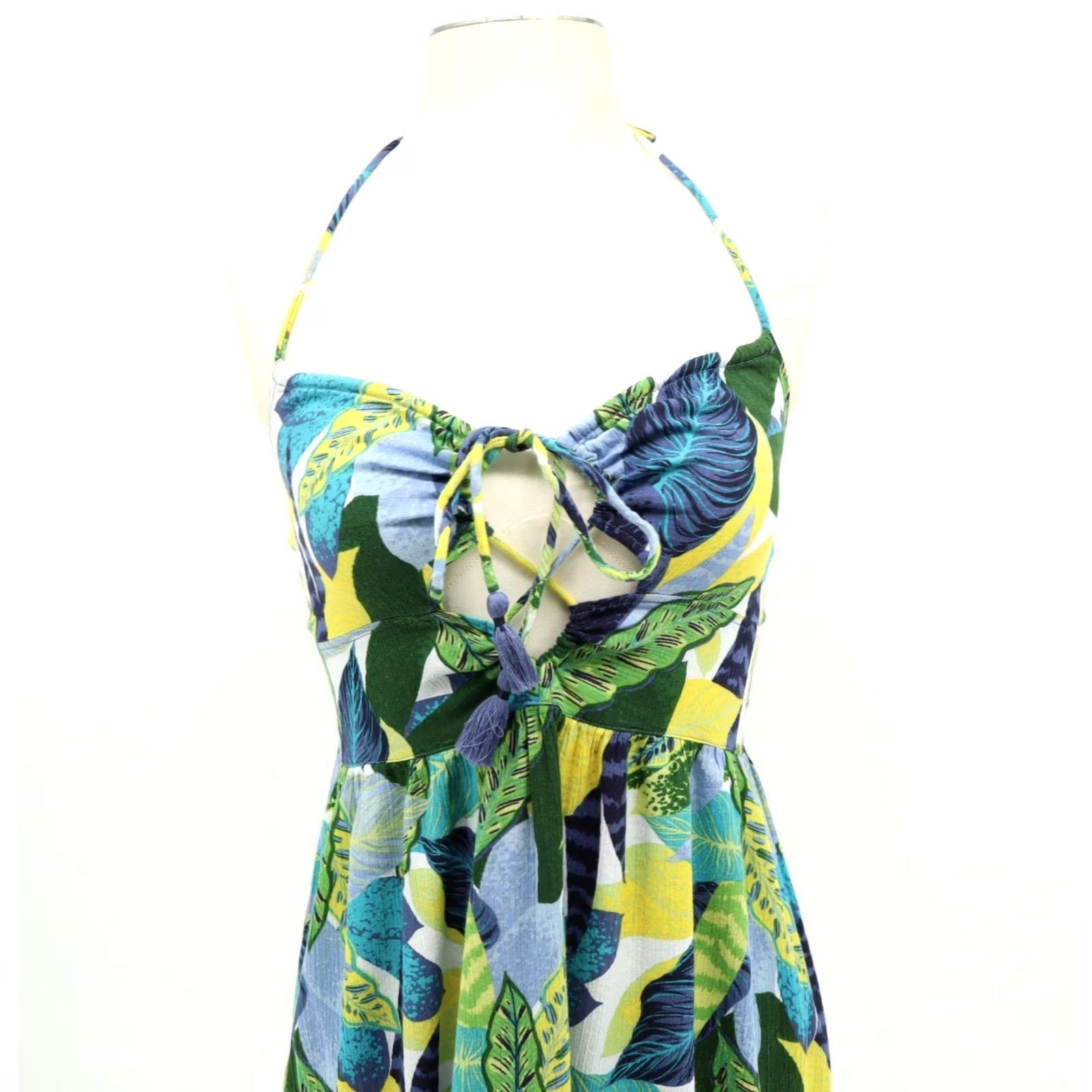 Vintage Aerie Maxi Dress Halter Cotton Viscose Floral Blue Green Yellow Sleeveless Strappy Neckline Halter Coastal Resort M Womens Tropical Theme Size M / US 6-8 / IT 42-44 - 4 Thumbnail