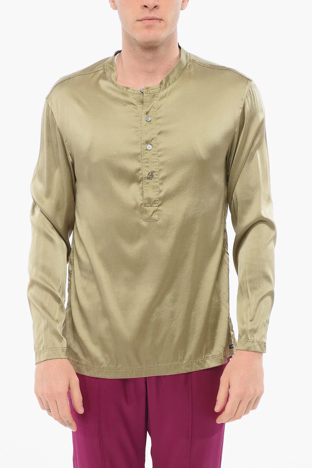 Tom Ford og1mm0426 Silk Satin Pajama Shirt in Military Green Size US L / EU 52-54 / 3 - 1 Thumbnail