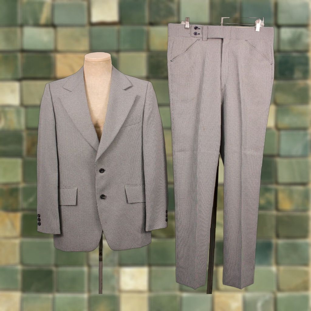 Vintage VINTAGE Mens VTG 70s Navy Blue & White Houndstooth Leisure Suit M 1970s Polyester Disco Shirt Jacket Pants Mens Size 40R - 1 Thumbnail