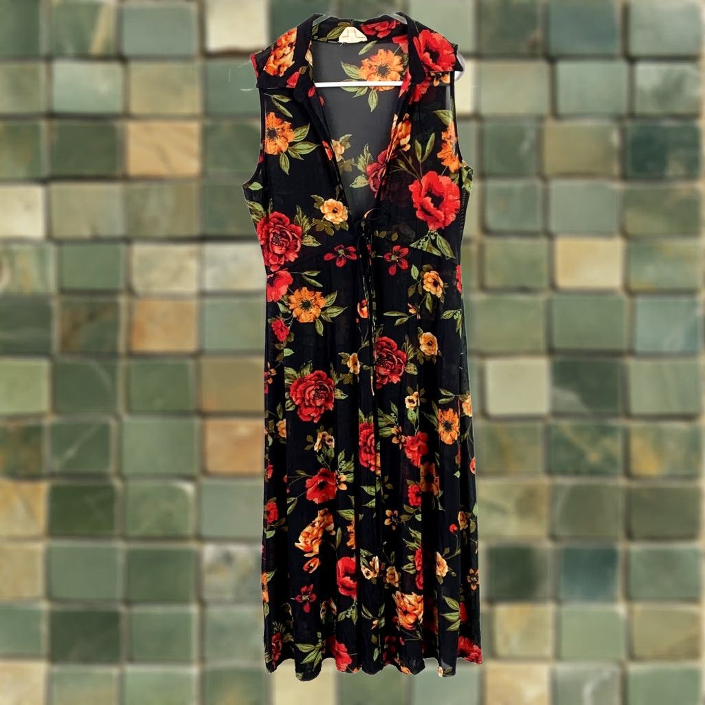 Vintage Ember Fairy Grunge Romantic Black Red Floral Sleeveless Dress Small Women Casual Party Size S / US 4 / IT 40 - 1 Thumbnail