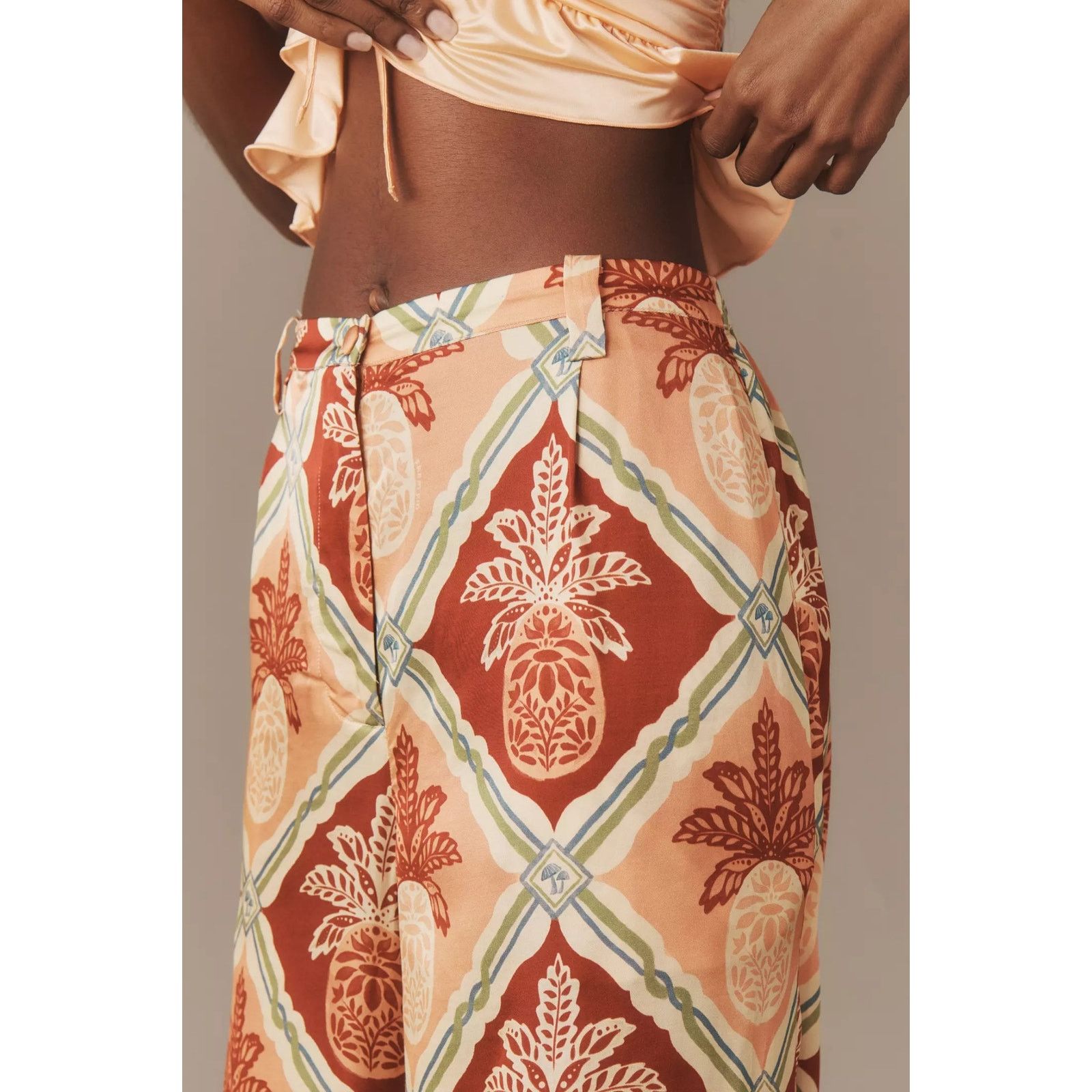Anthropologie × Farm Rio New Pineapple Satin Wide-Leg Pants $188 X-SMALL Red Size 26" / US 2 / IT 38 - 2 Thumbnail