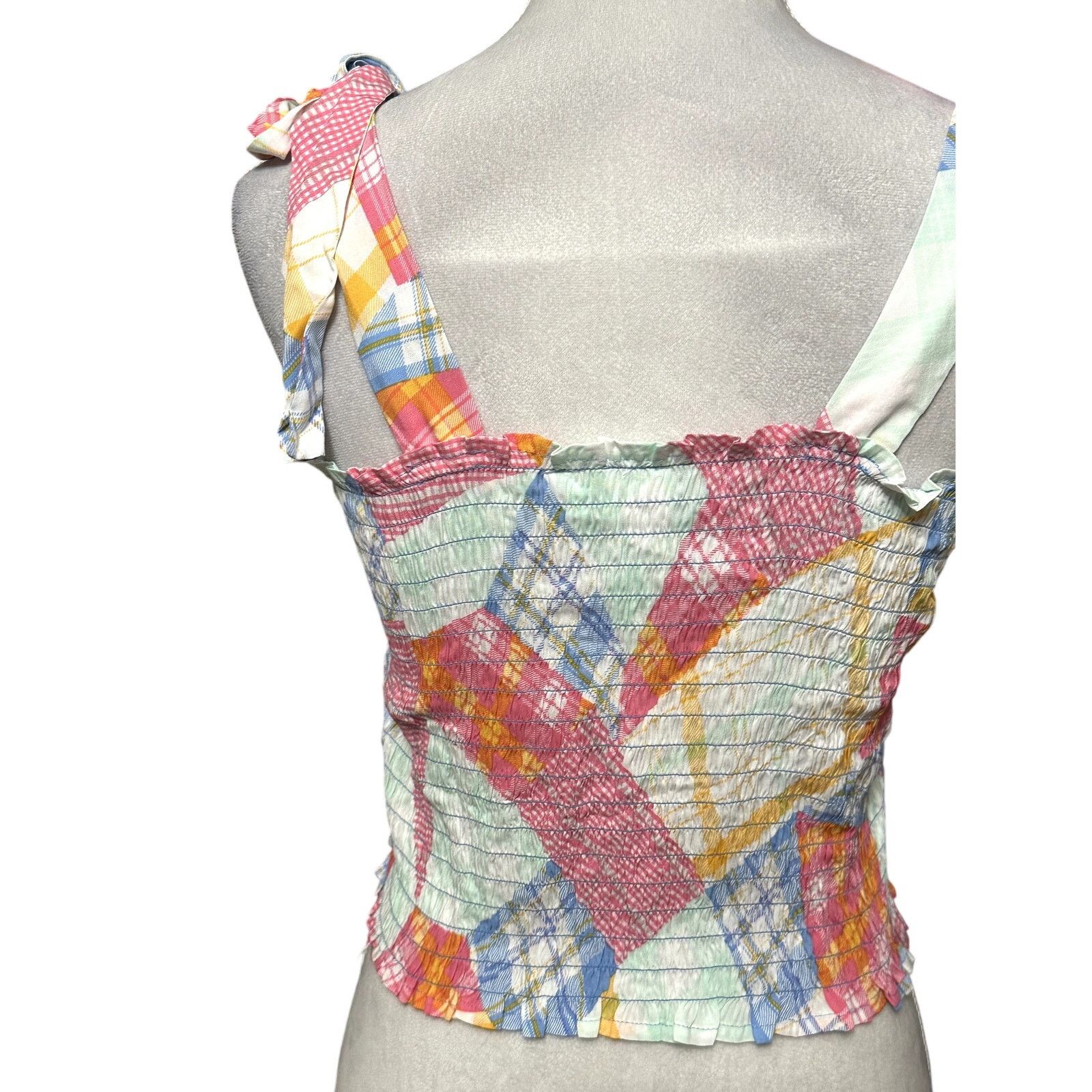 BP. BP Crop Top Smocked Shoulder Tie Geometric Multi Pastel NWOT Size L / US 10 / IT 46 - 5 Thumbnail