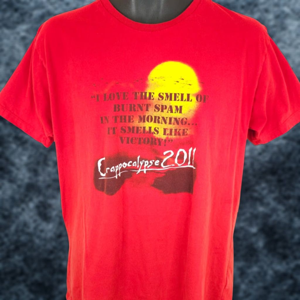 Vintage VINTAGE Crappocalypse 2011 T Shirt Mens Size Large Red Love The Smell Of Burnt Spam District Threads Shirt Mens Large Red Apocalypse Now 90s? Size US L / EU 52-54 / 3 - 1 Thumbnail