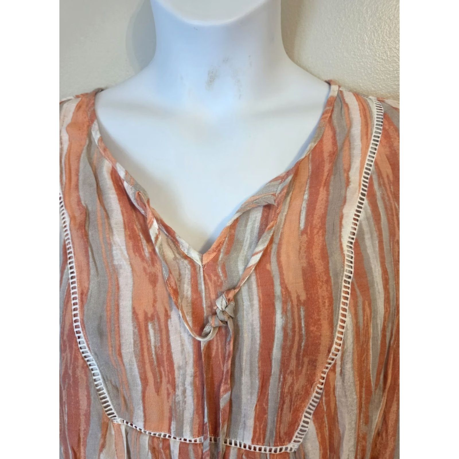 Bell Robert Louis Womens 1X Orange Tan Stripe Bell Sleeve Boho Hippie Top Size XL / US 12-14 / IT 48-50 - 2 Thumbnail
