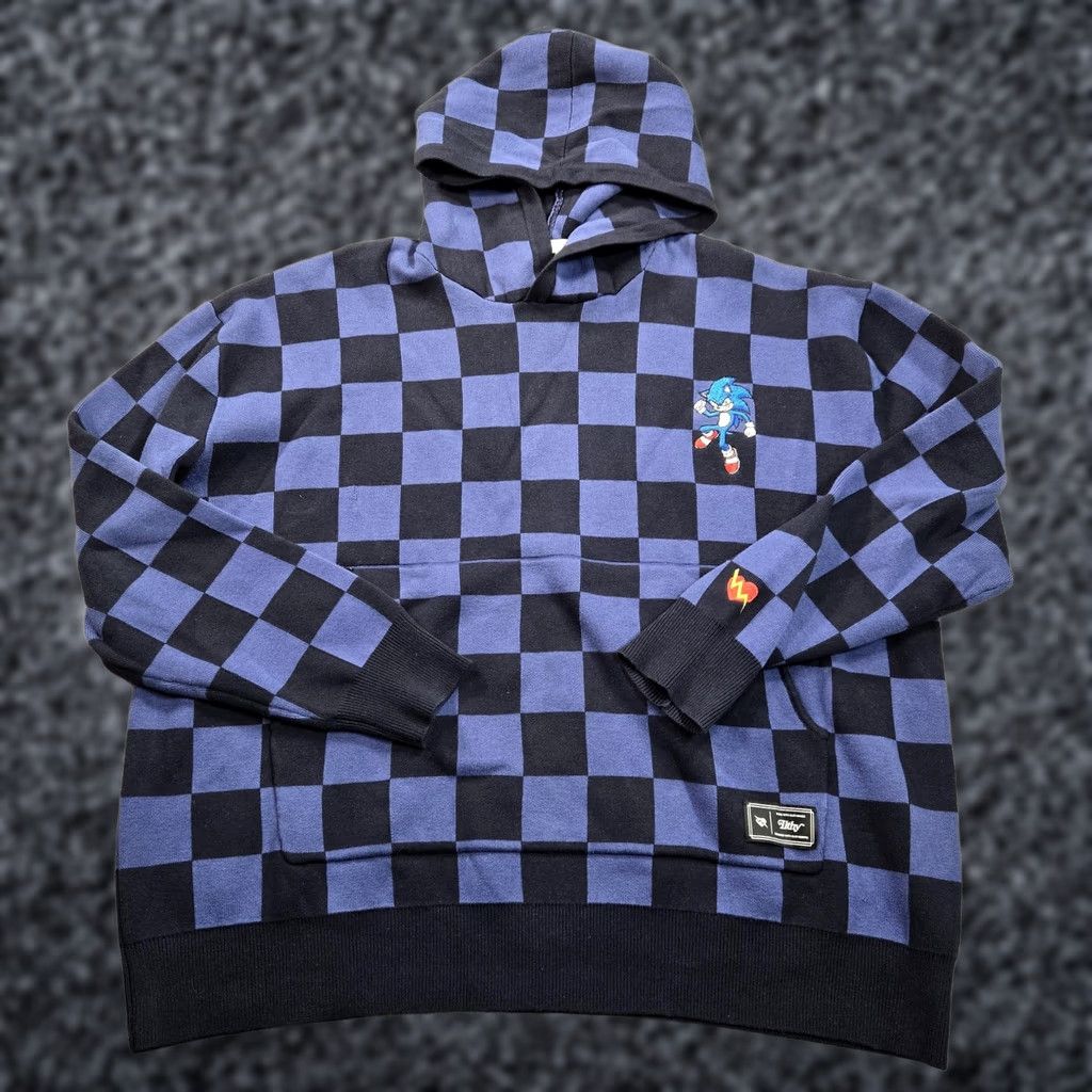 Vintage Ilthy Sonic the Hedgehog Hoodie Sweatshirt Mens M Blue Pullover Checkered Embroidered Logo Pocket Crew Neck Knitted Size US M / EU 48-50 / 2 - 1 Thumbnail