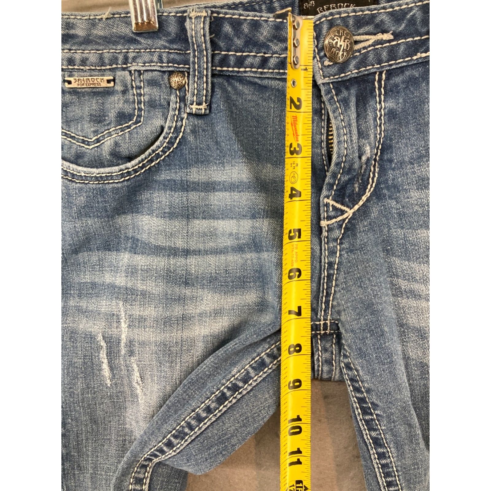 Express Express Bootcut Jeans Womens 32 Low Rise Distressed Thick Stitch Blue Cotton Blend Size 24" / US 00 / IT 34 - 4 Thumbnail