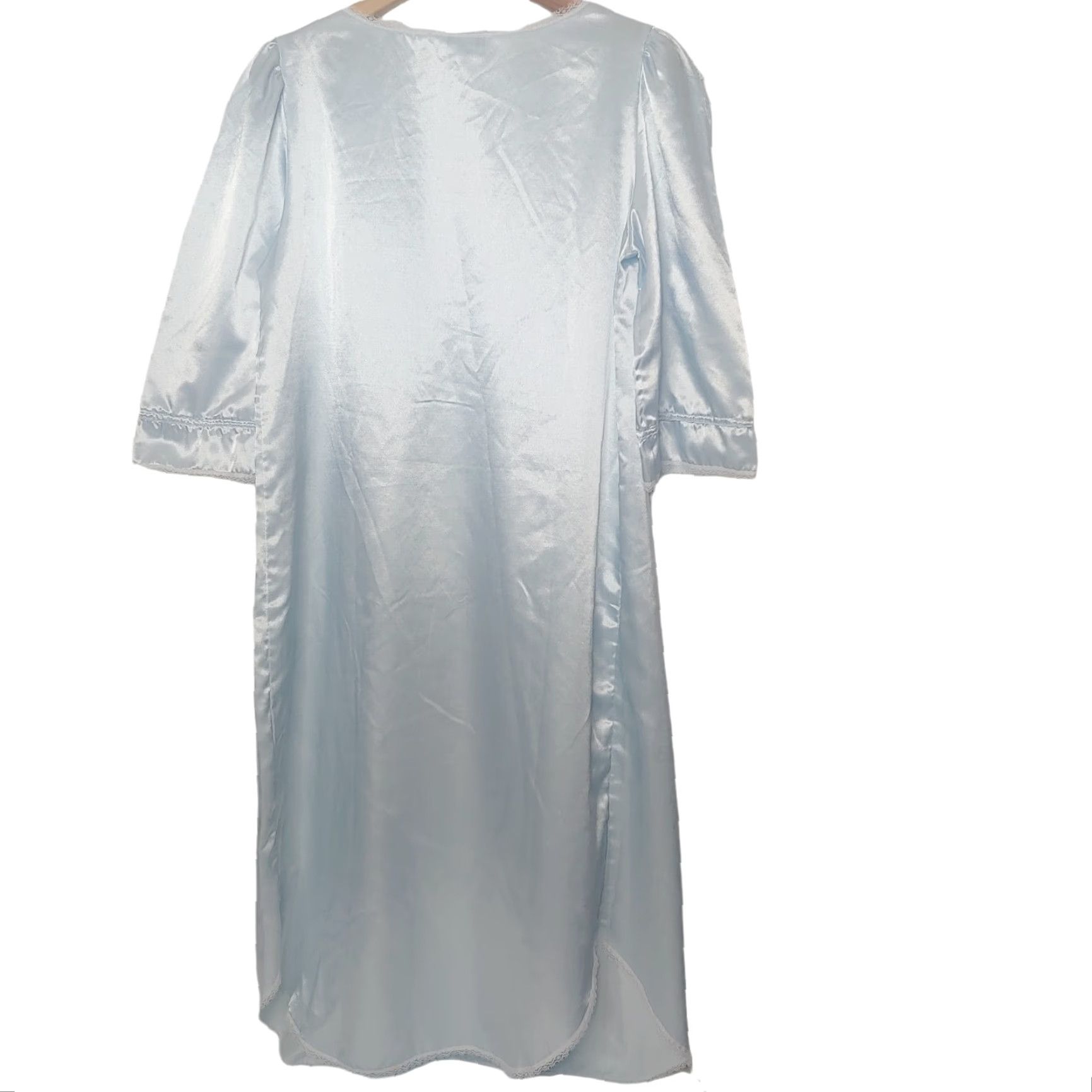 Vintage VINTAGE Nicole Gown M Nightgown Blue Shimmer Lace Trim Ruffled 1/2 Sleeve USA ILGWU Size ONE SIZE - 2 Thumbnail