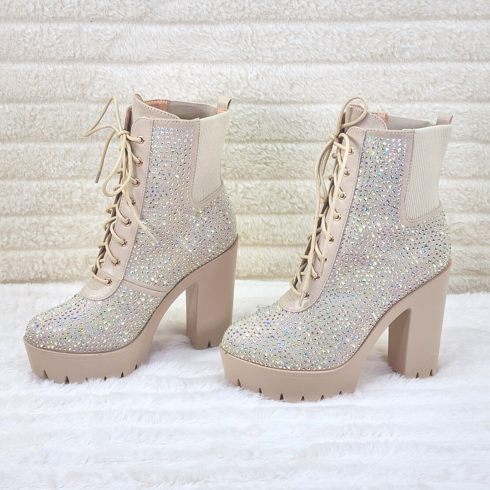 Other Barri Nude Beige Cream Rhinestone Chunky Heel Platform Ankle Size US 11 / IT 41 - 1 Thumbnail