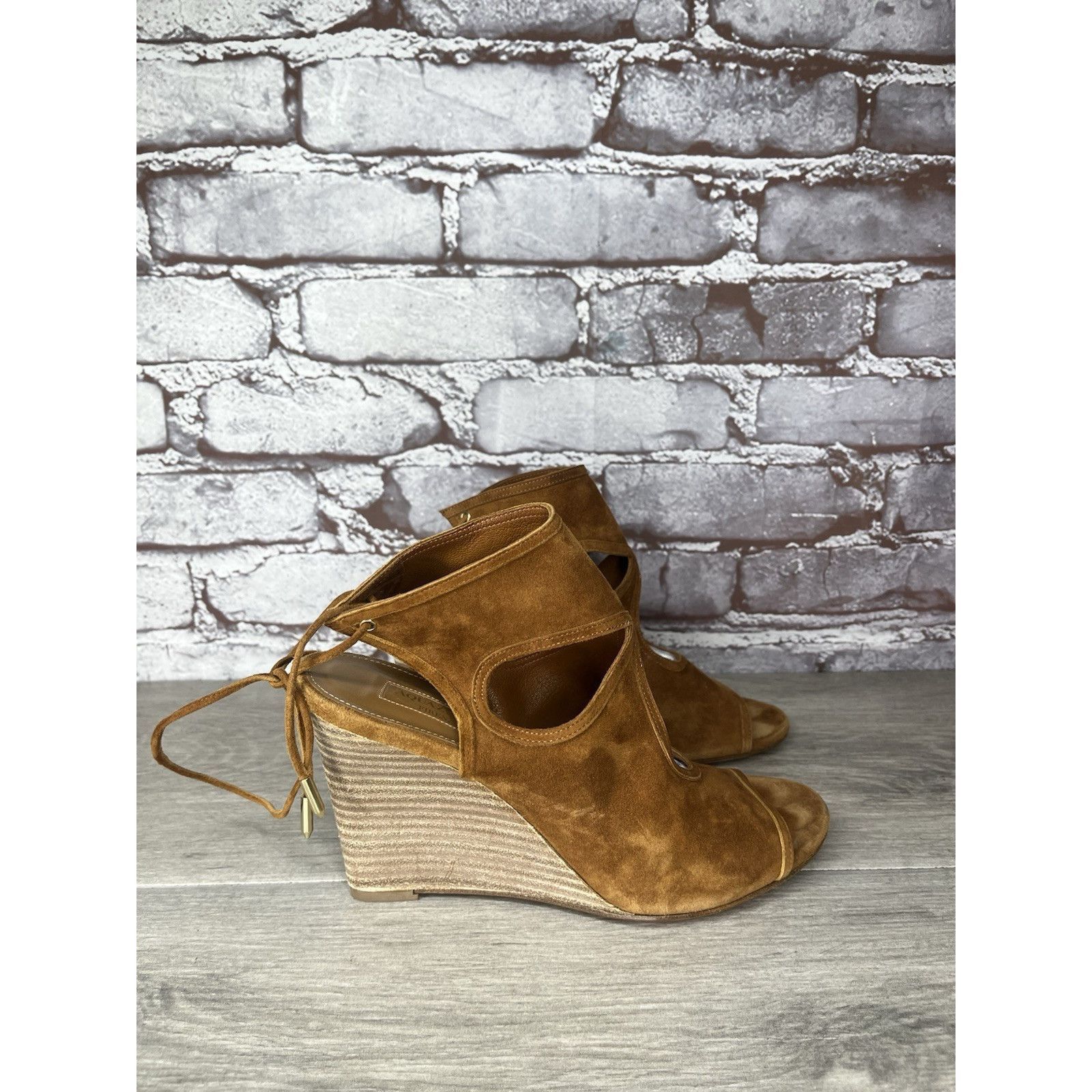 Aquazzura Aquazzura Sexy Thing Camel Ankle Open Toe Lace Up Suede Wedg Size US 7 / IT 37 - 15 Thumbnail