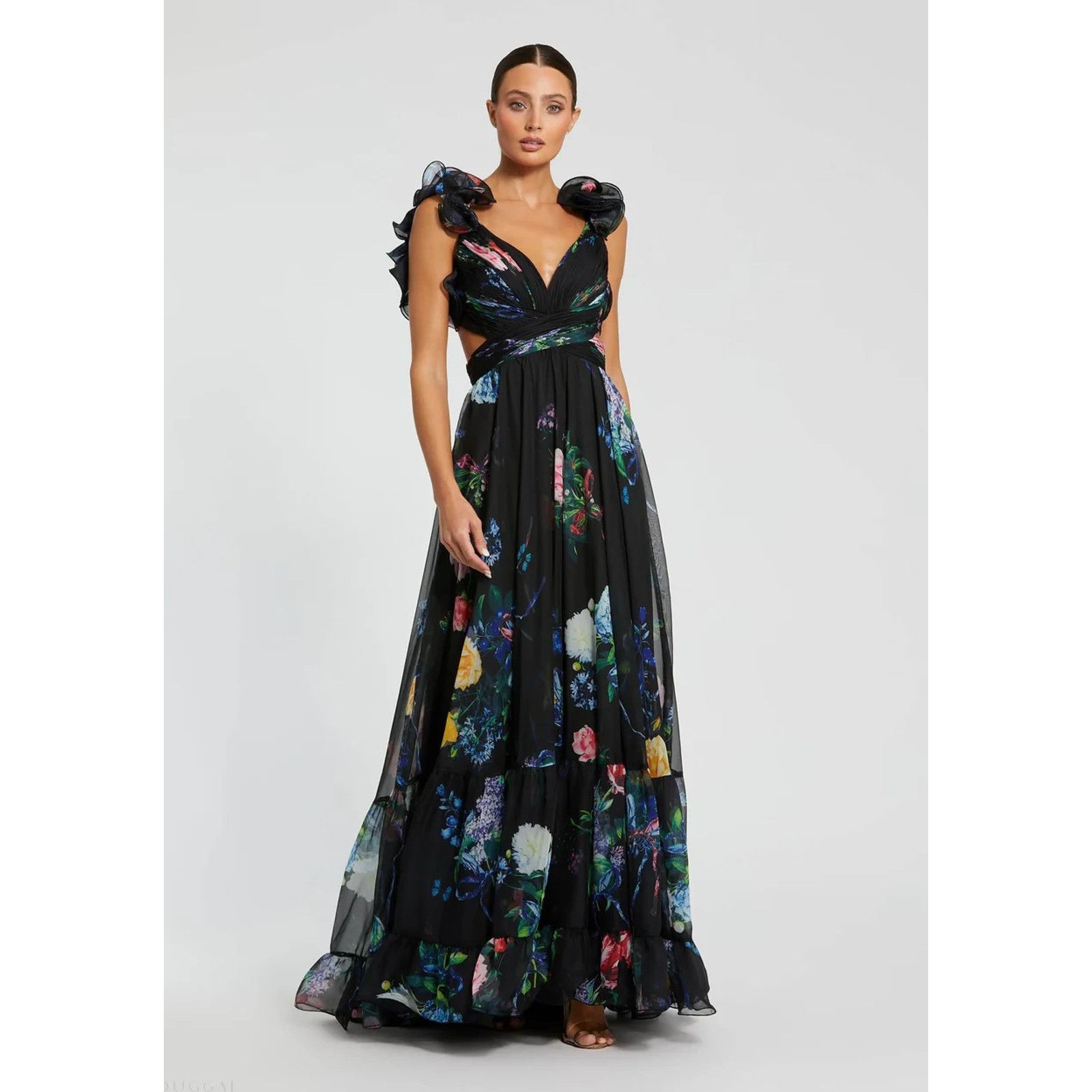 Mac Duggal Mac Duggal 68746 Ruffle Tiered Floral Cut Out Chiffon Gown,4 Size S / US 4 / IT 40 - 1 Thumbnail