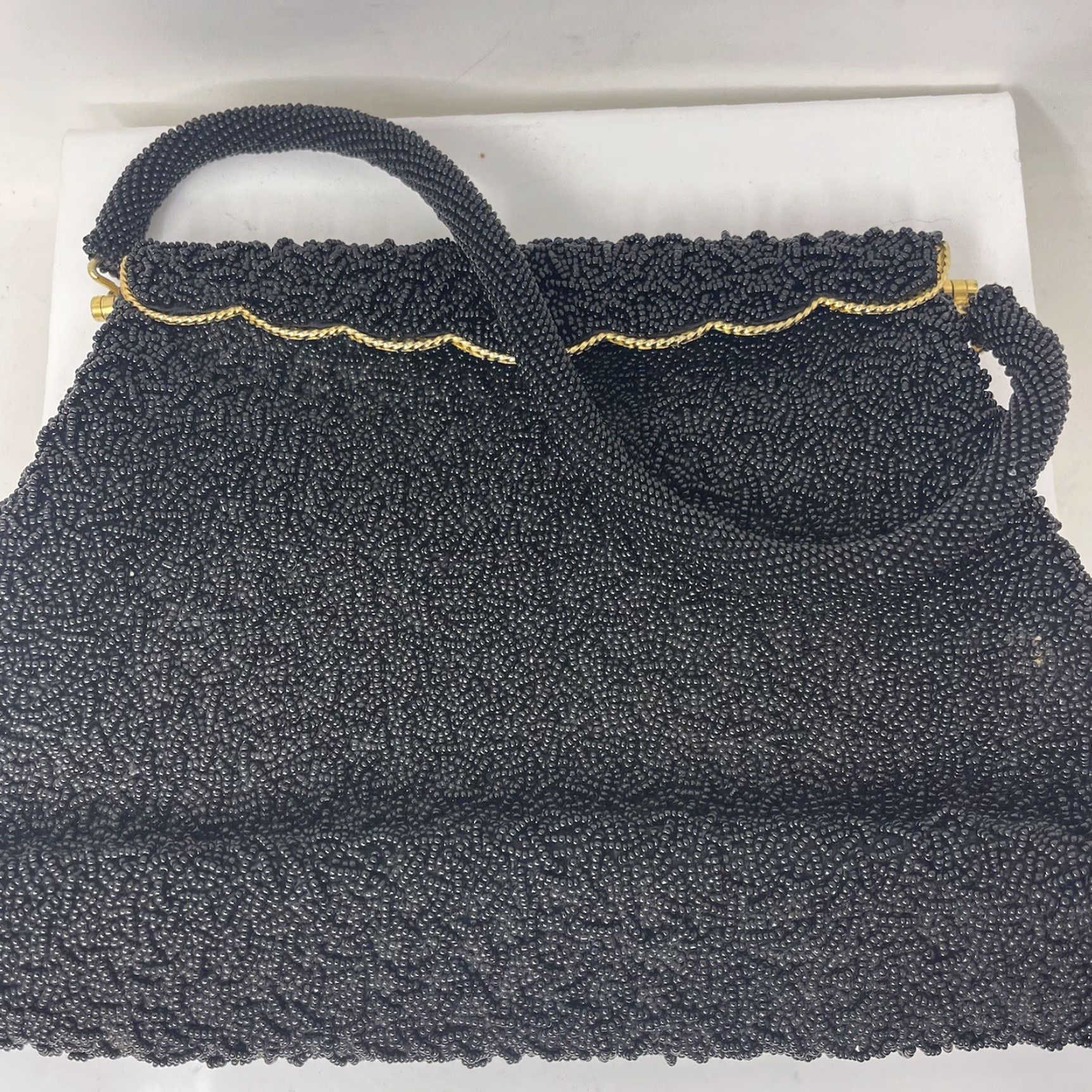 Vintage VINTAGE Hand Beaded Black Clutch Purse Beaded Hand Bag British Hong Kong 50s Women Purse Size ONE SIZE - 2 Thumbnail