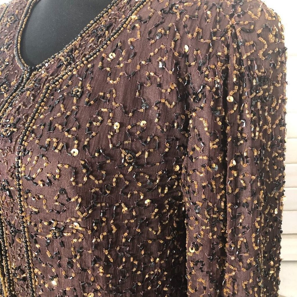 Vintage 100% silk beaded sequined brown blazer long sleeves blouse S Size XS / US 0-2 / IT 36-38 - 7 Thumbnail