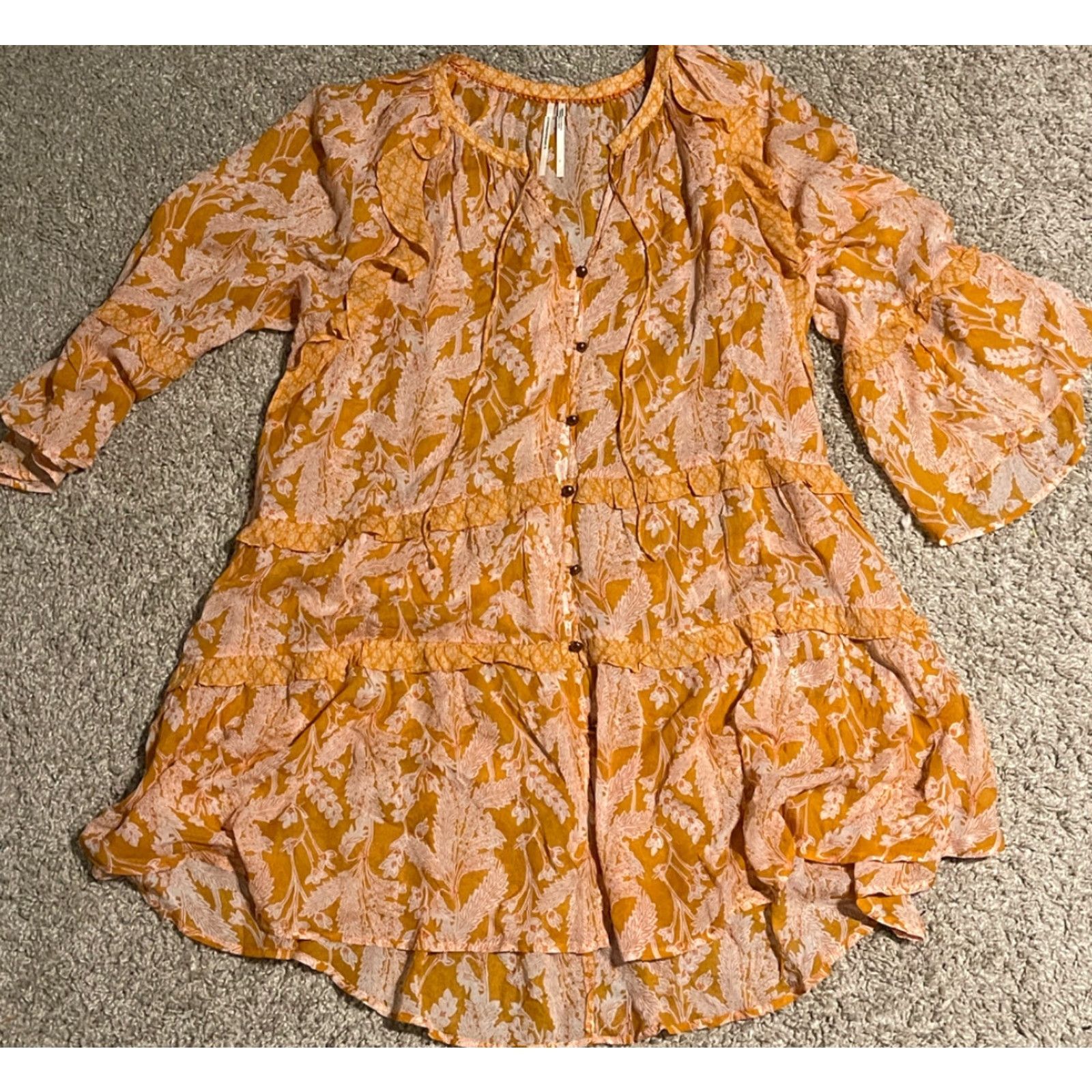 Anthropologie Anthropologie Tunic Top Sz Large Mia Boho Orange Floral Ruffle Tiered Flowy Size L / US 10 / IT 46 - 4 Thumbnail