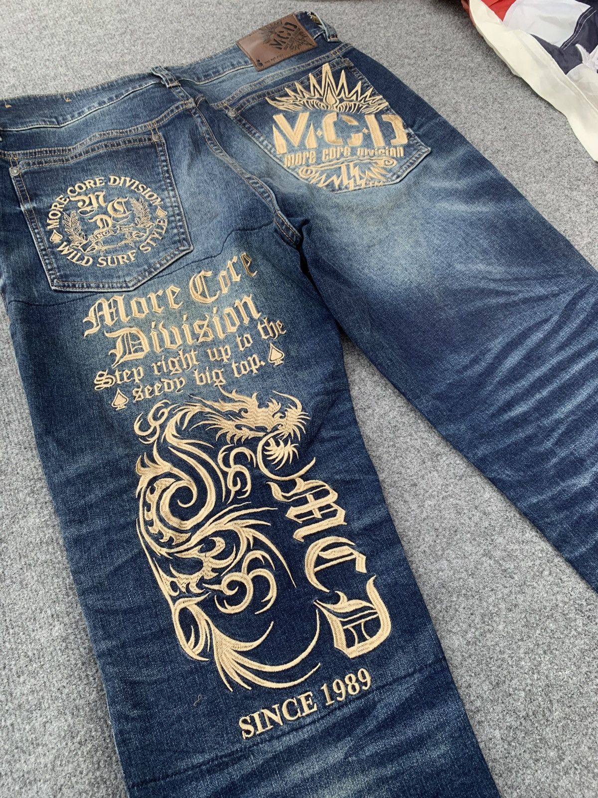 Japanese Brand MCD More Core Division Embroidered Dragon Denim Jeans. Size US 32 / EU 48 - 3 Thumbnail