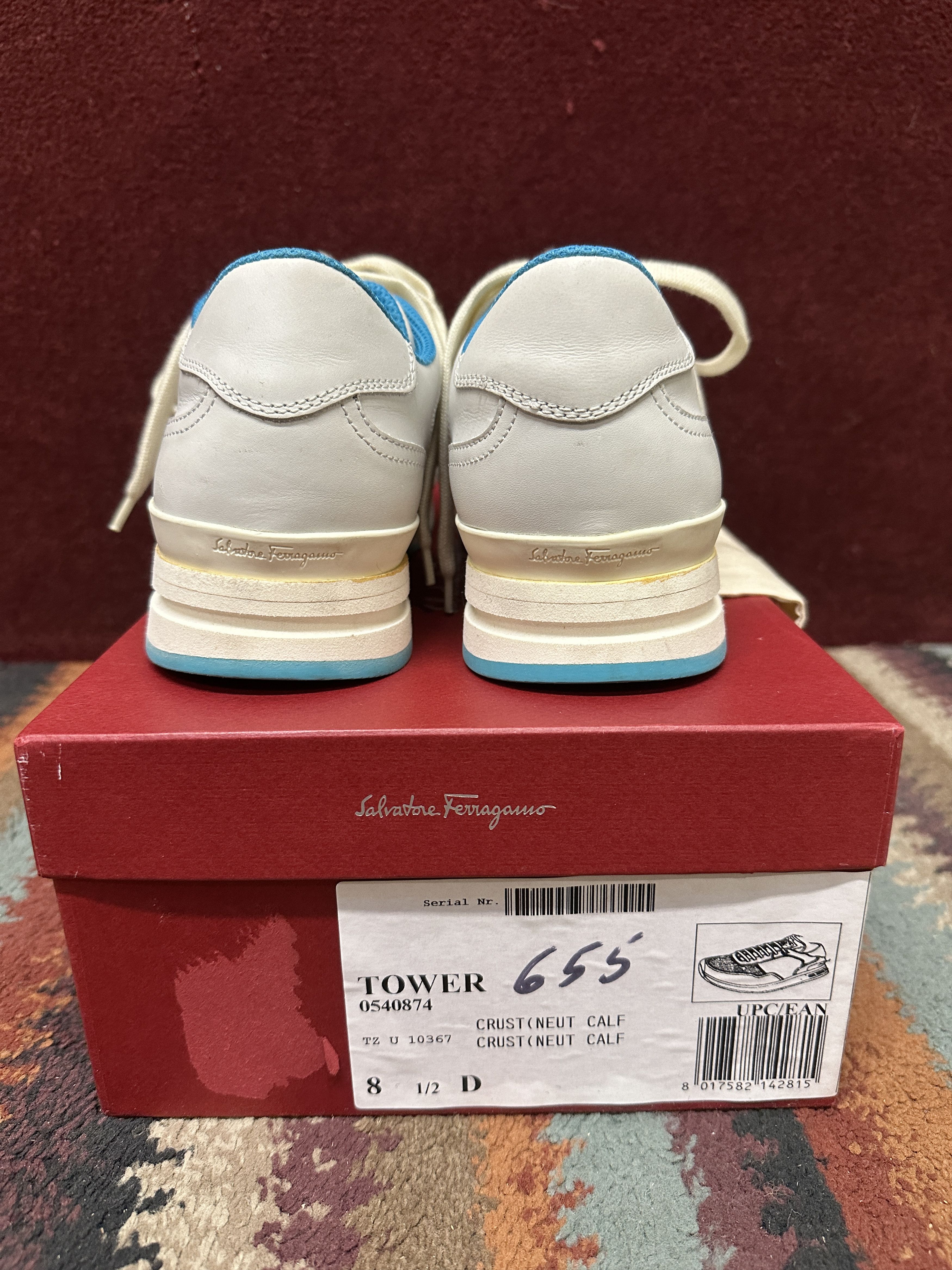 Salvatore Ferragamo Ferragamo Tower Light Grey Leather Sneakers, with blue trim Size US 8.5 / EU 41-42 - 4 Thumbnail