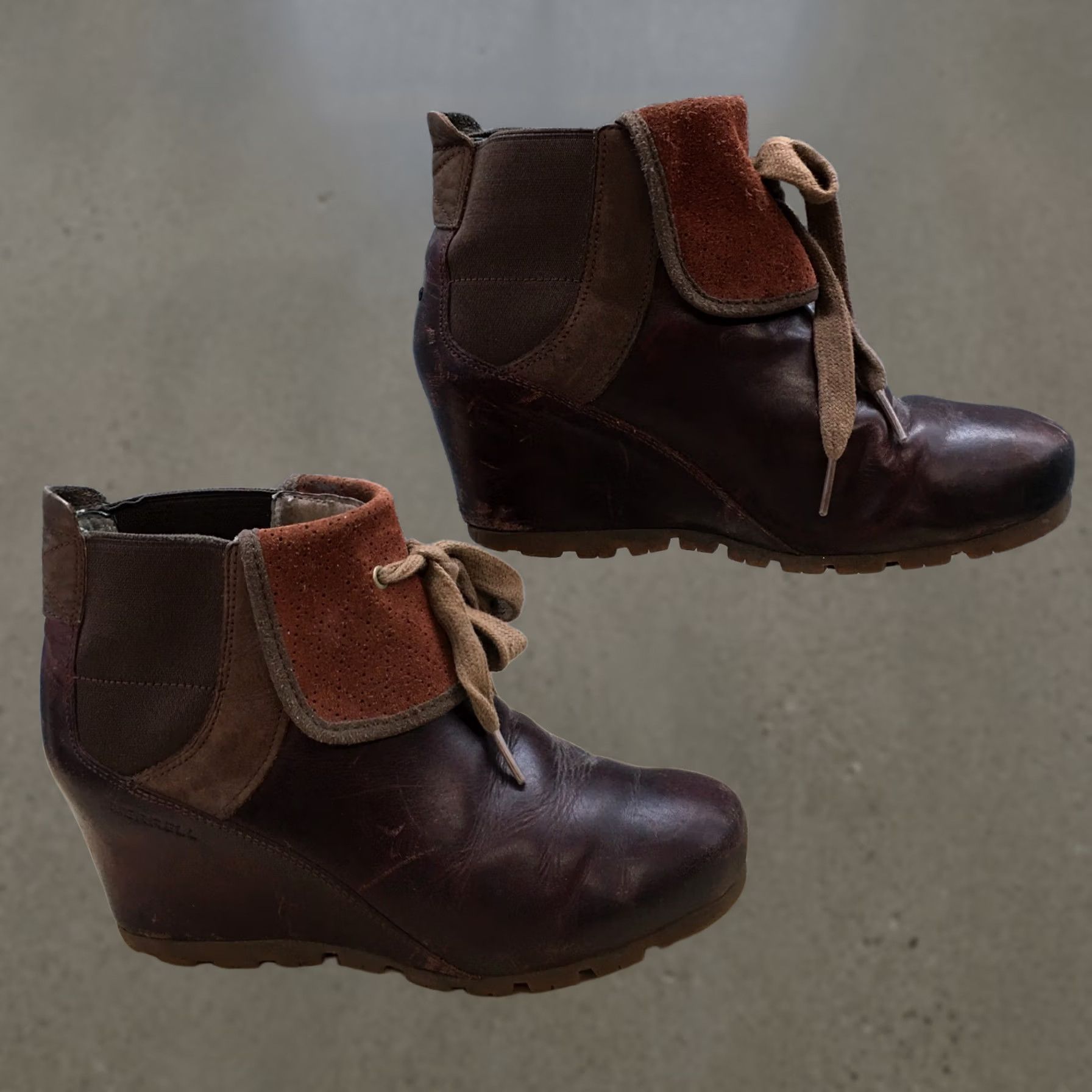 Merrell VINTAGE Merrell Boots Womens 8.5 Embossed Brown Distressed Leather Haven Slouch Floral Shoe Boots Mid-Calf Brown Womens Merrell Haven Boots
