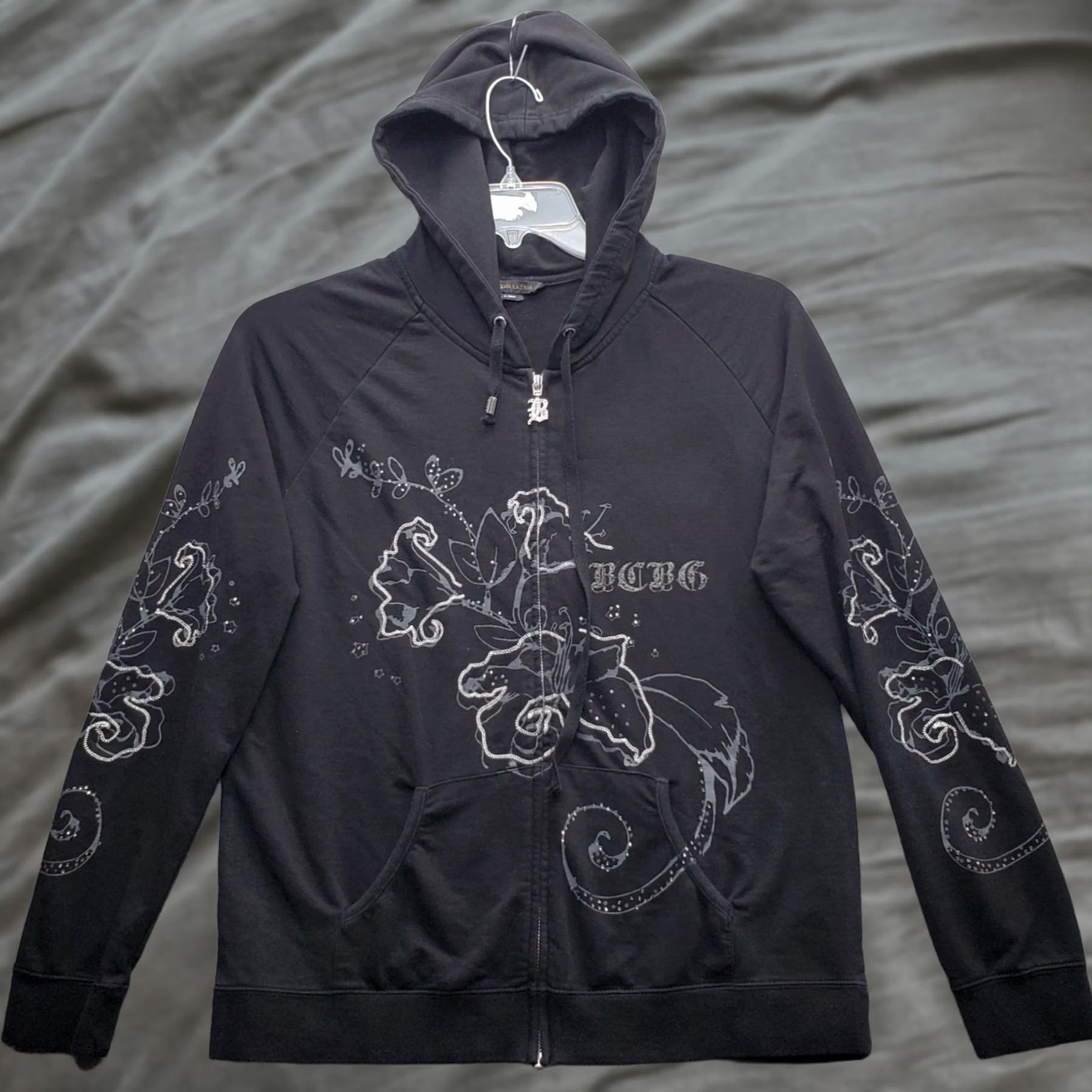 Bcbgmaxazria BCBGMAXAZRIA Hoodie Womens Black Floral Rhinestone Long Sleeve Zip-Up FX Size M / US 6-8 / IT 42-44 - 1 Thumbnail