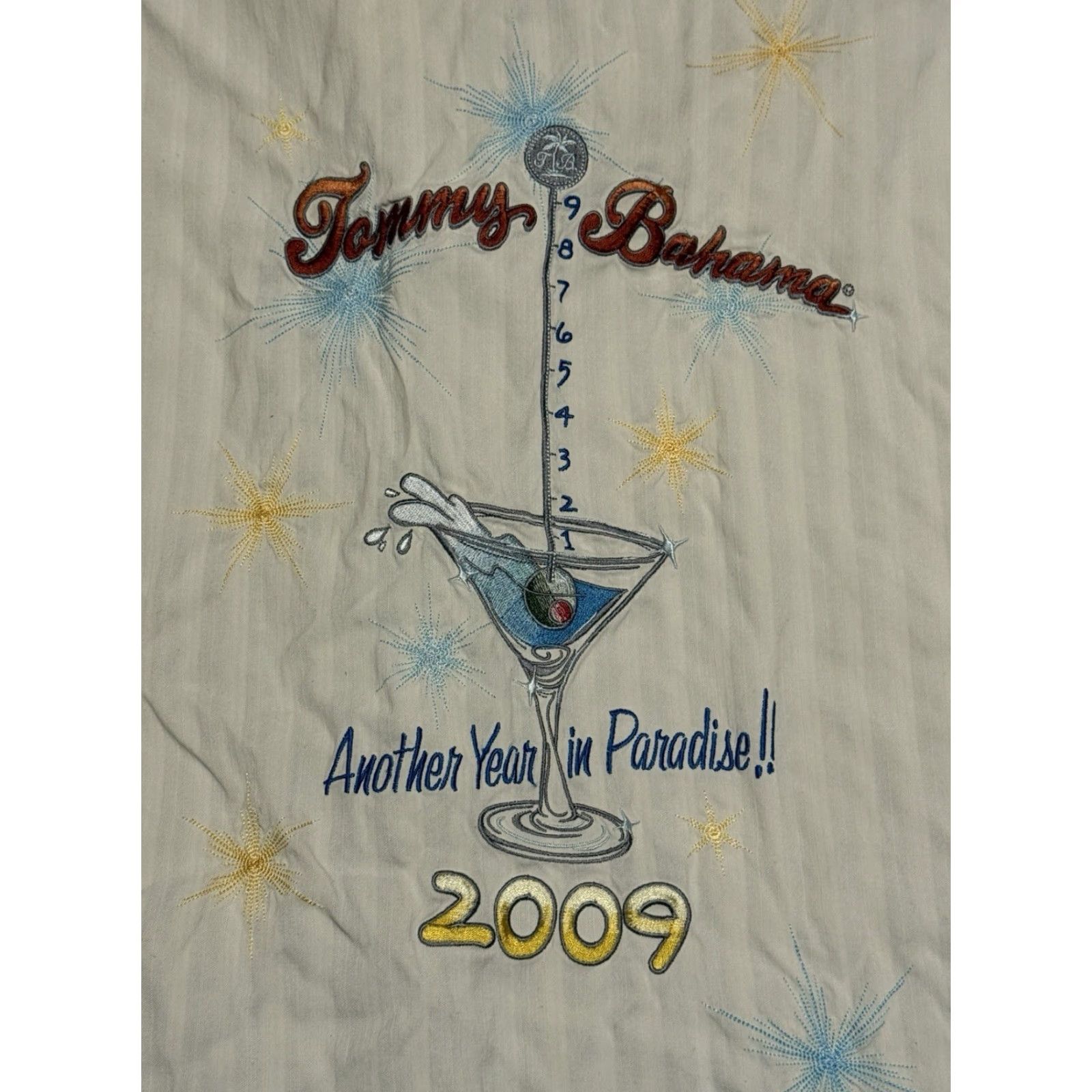 Tommy Bahama VINTAGE Tommy Bahama Camp Shirt XL Ivory Silk Embroidered Another Year in Paradise 2009 Short Sleeve Button-Up Mens Size US XL / EU 56 / 4 - 2 Thumbnail