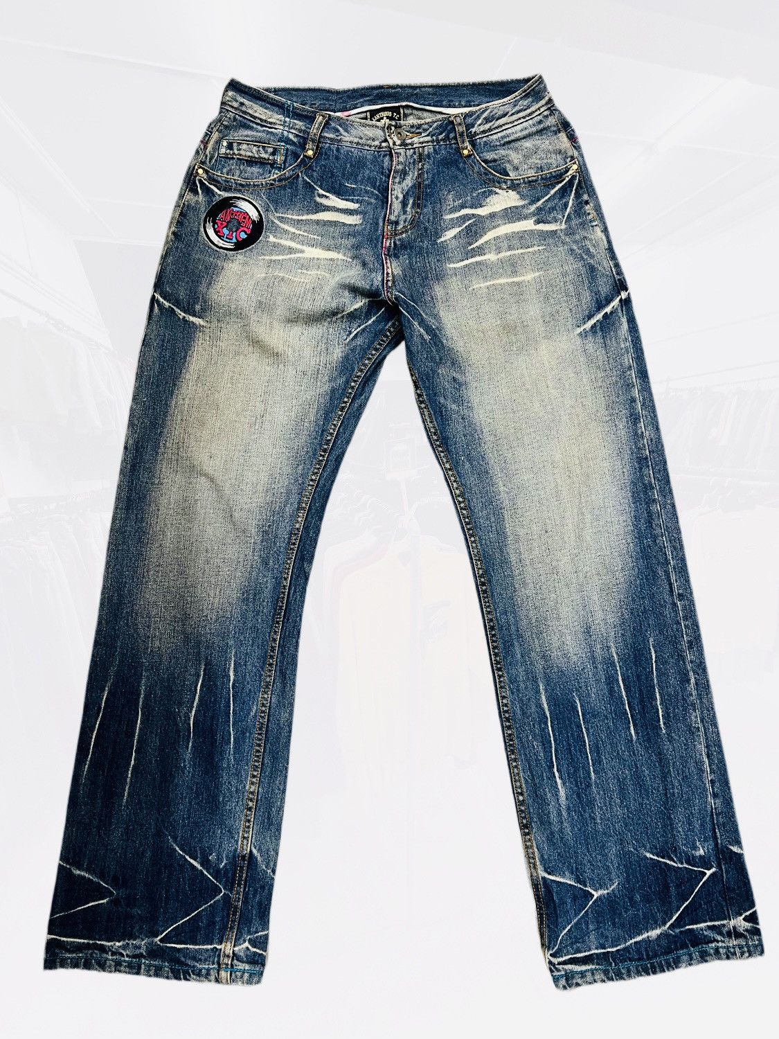 Japanese Brand XANTHOUS Mudwash Flame Baggy Denim Size US 33 - 1 Thumbnail