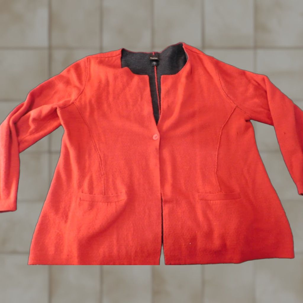 Eileen Fisher Sweater Cardigan Womens Large Red Wool Knit Button Open Round Neck Long Sleeve Raglan Stretch Vintage No (adjust if necessary)
