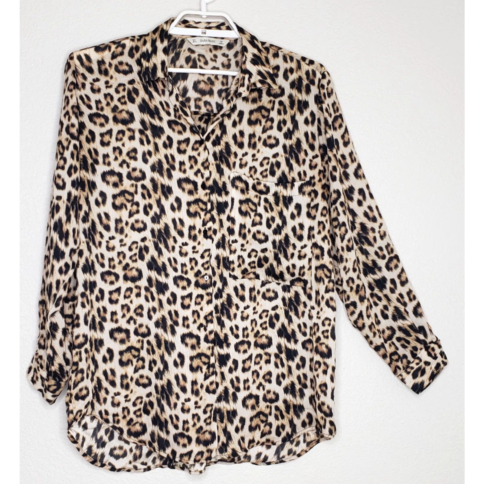 Zara Zara Tunic Top Button-Up Long Sleeve Brown Leopard Print 21.5” Armpit to Armpit Large Womens Regular Fit Button Front Collared Sheer Easy Care Size L / US 10 / IT 46 - 2 Thumbnail