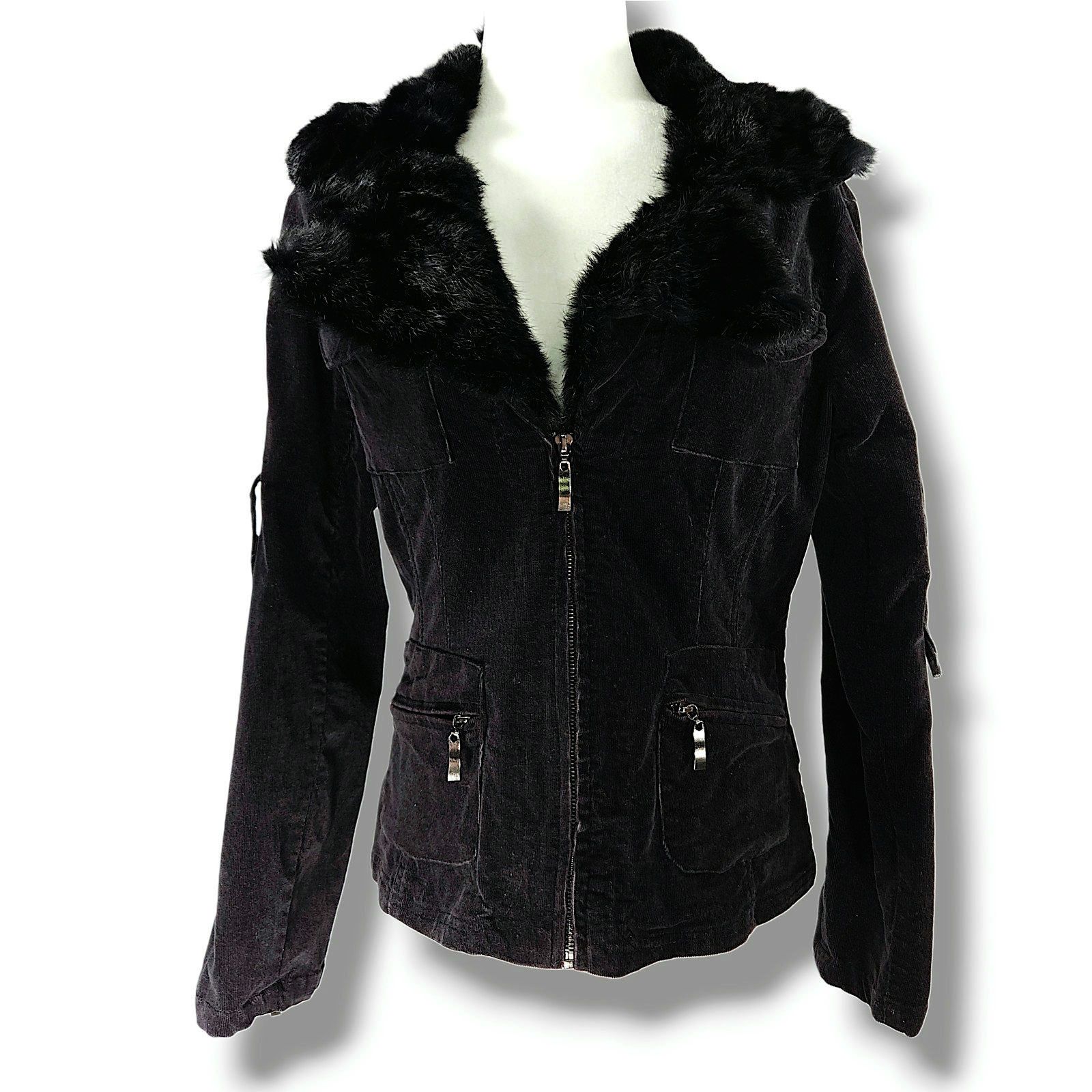 Other Jennyfer.J Corduroy Jacket Rabbit Fur Trim Black Y2K M Size M / US 6-8 / IT 42-44 - 3 Thumbnail