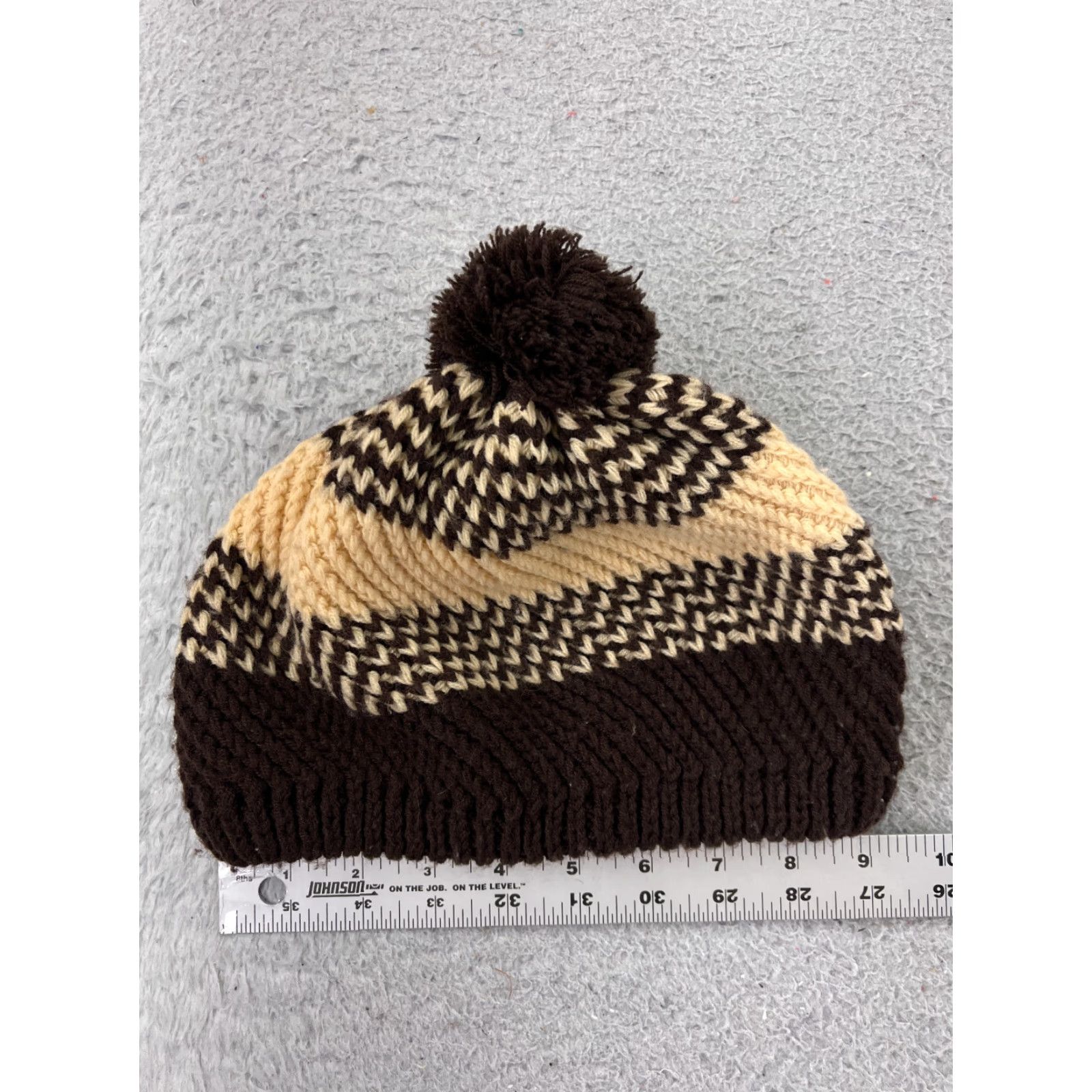 Vintage Beanie Toque Adult One Size Brown Ivory Stripe Knit 100% Acrylic Snow Ski Pom Hat Size ONE SIZE - 4 Thumbnail