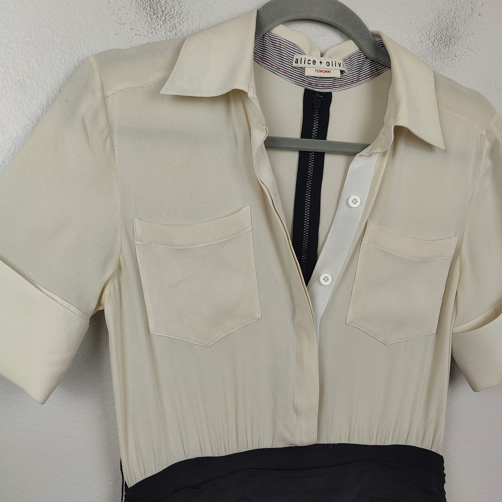 Alice + Olivia Alice + Olivia Silk Dress Womens Medium Cream Black Ruched Size M / US 6-8 / IT 42-44 - 2 Thumbnail