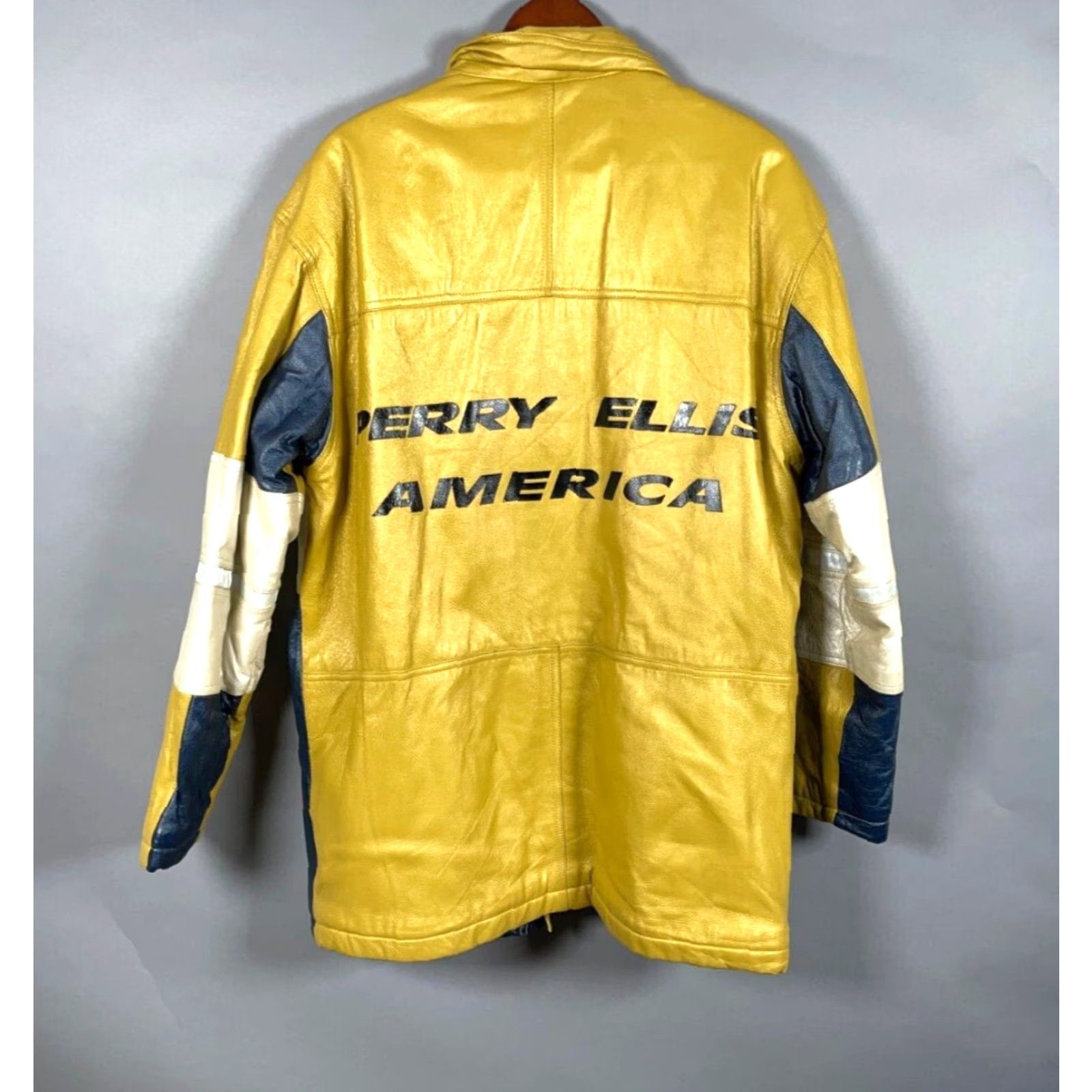 Perry Ellis America Leather Jacket Bomber Adult M Yellow Blue Striped 90s Hip Hop Vintage Mens