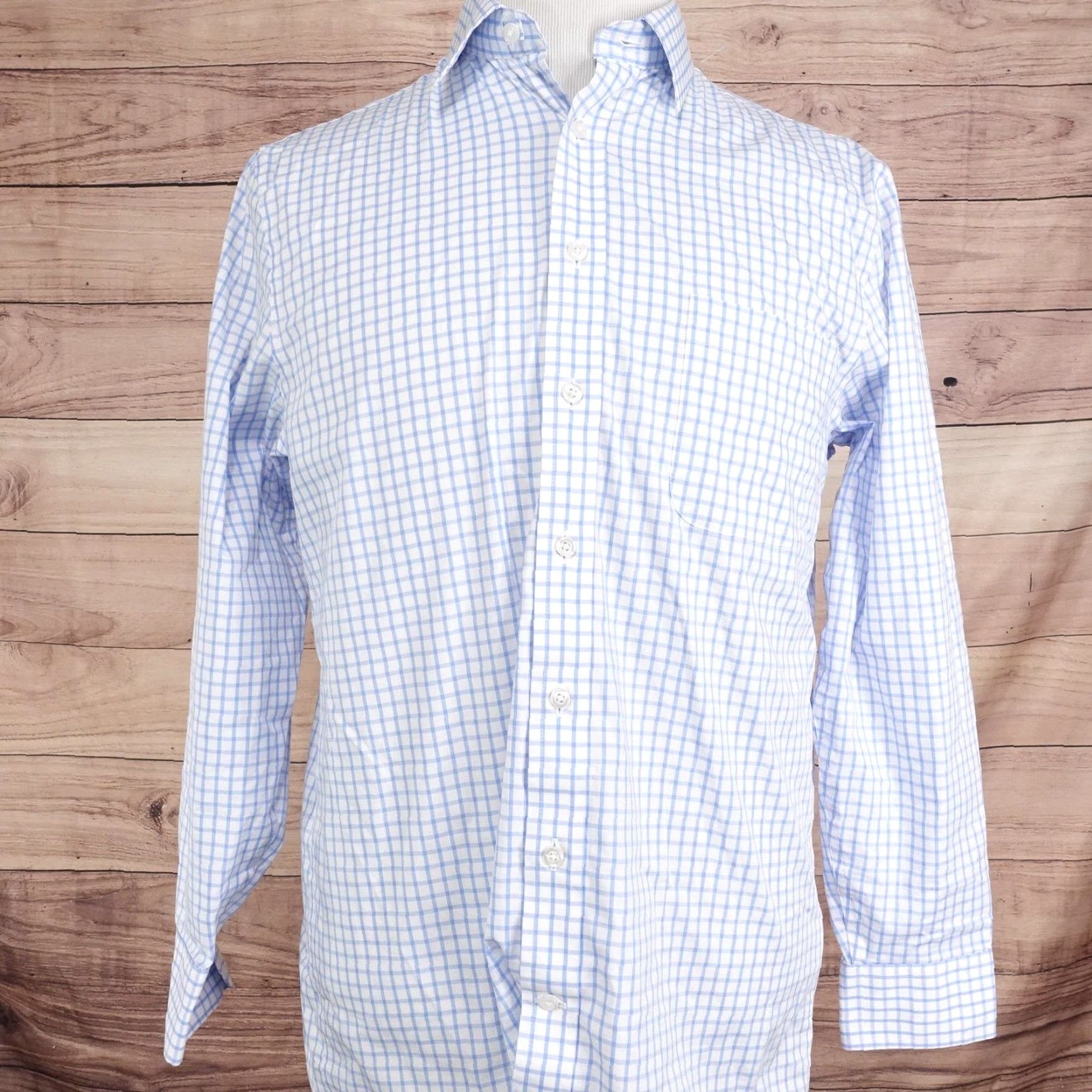 Stafford Stafford Dress Shirt Mens M 15-15.5 32/33 Blue Check Regular Fit Button-Down Collar Stretch Smart Tech Size 40R - 3 Thumbnail