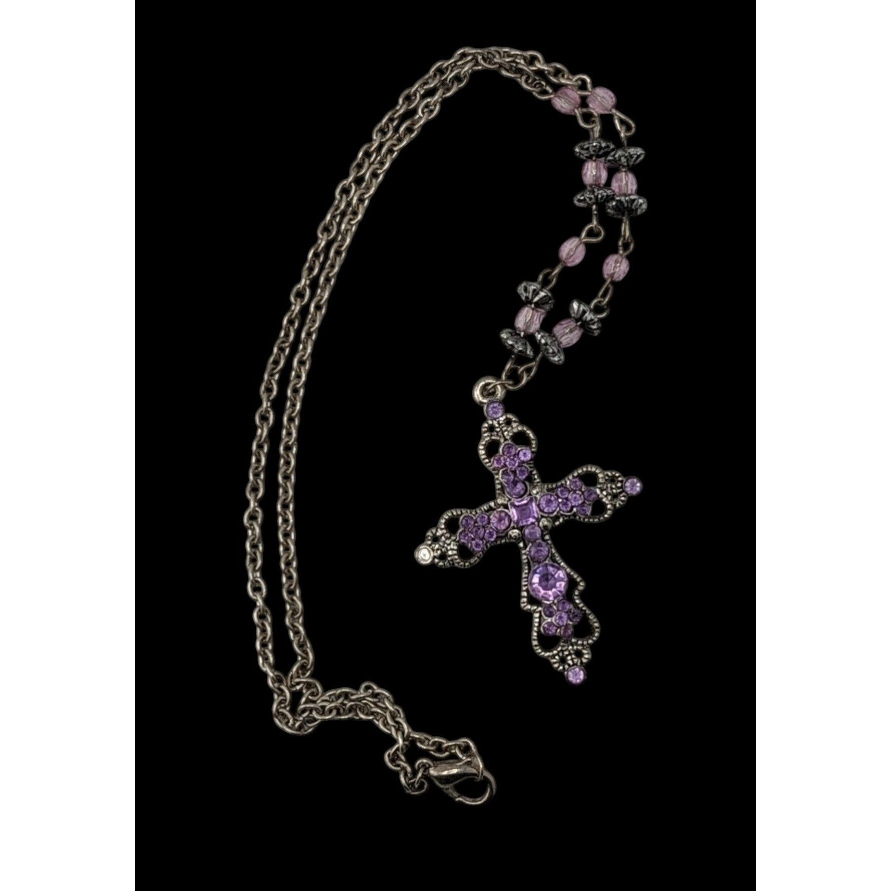 Other Pastel Goth Purple Rhinestone Cross Necklace With Beaded Cha Size ONE SIZE - 2 Thumbnail