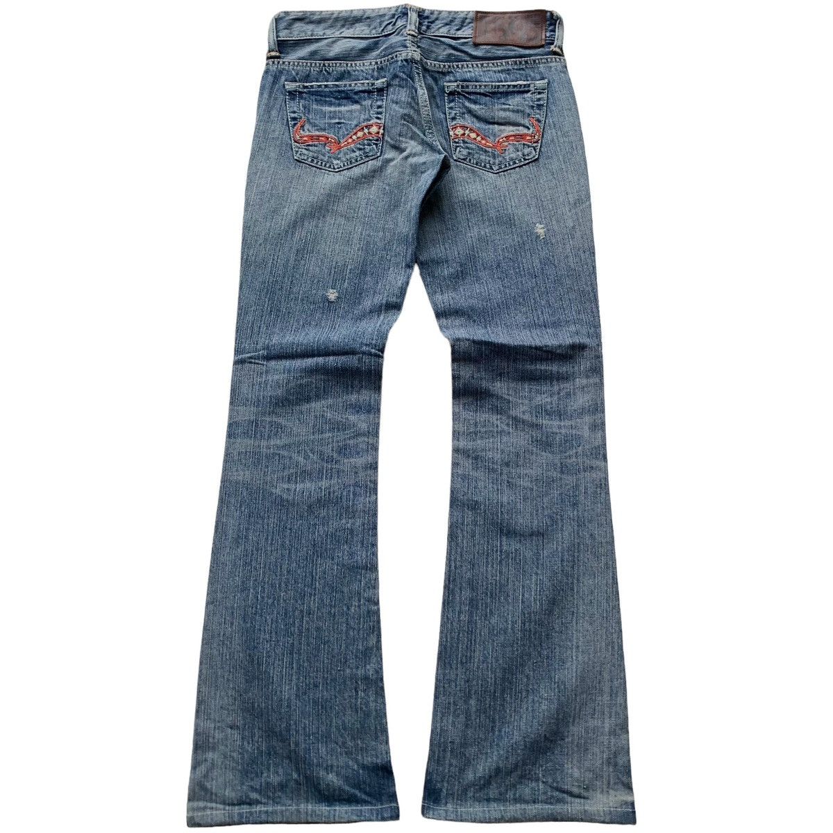 image of Hysteric Glamour Edwin Flared Low Rise Distressed Denim Jeans in Blue Wash (Size 28)