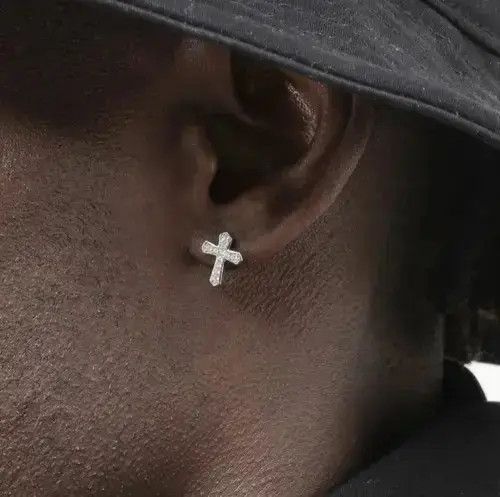 Crystal Cross Stone Earrings Gothic Chrome Jewelry God in Silver, Men's