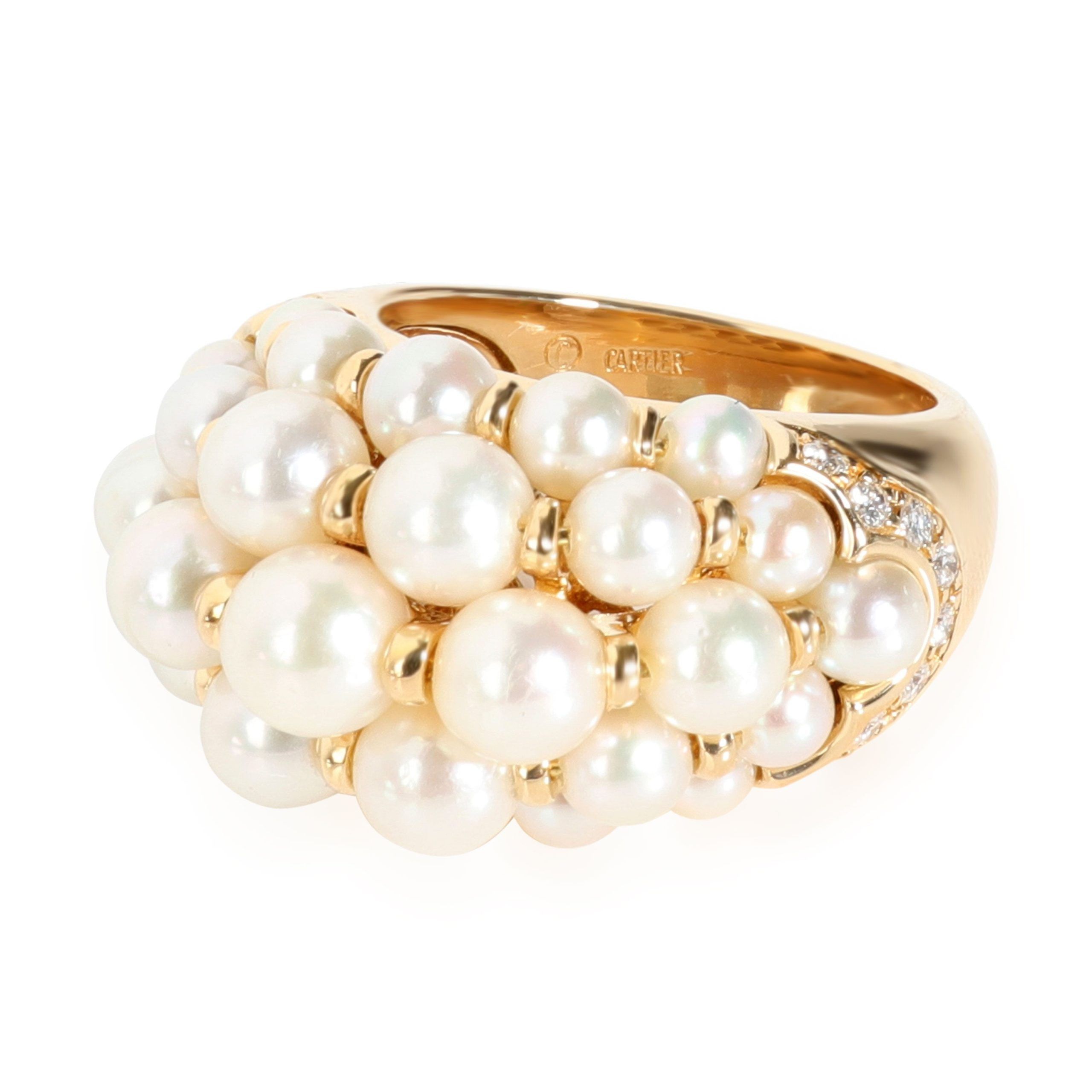 image of Cartier Pearl & Diamond Domed Cocktail Ring In 18K Yellow Gold 0.35 Ctw, Women's