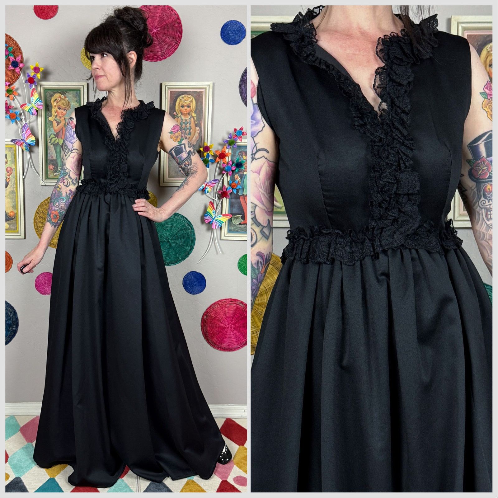 Vintage Vintage 1970s Black Sleeveless Ruffle Lace Satin Ball Gown Size XS / US 0-2 / IT 36-38 - 1 Thumbnail