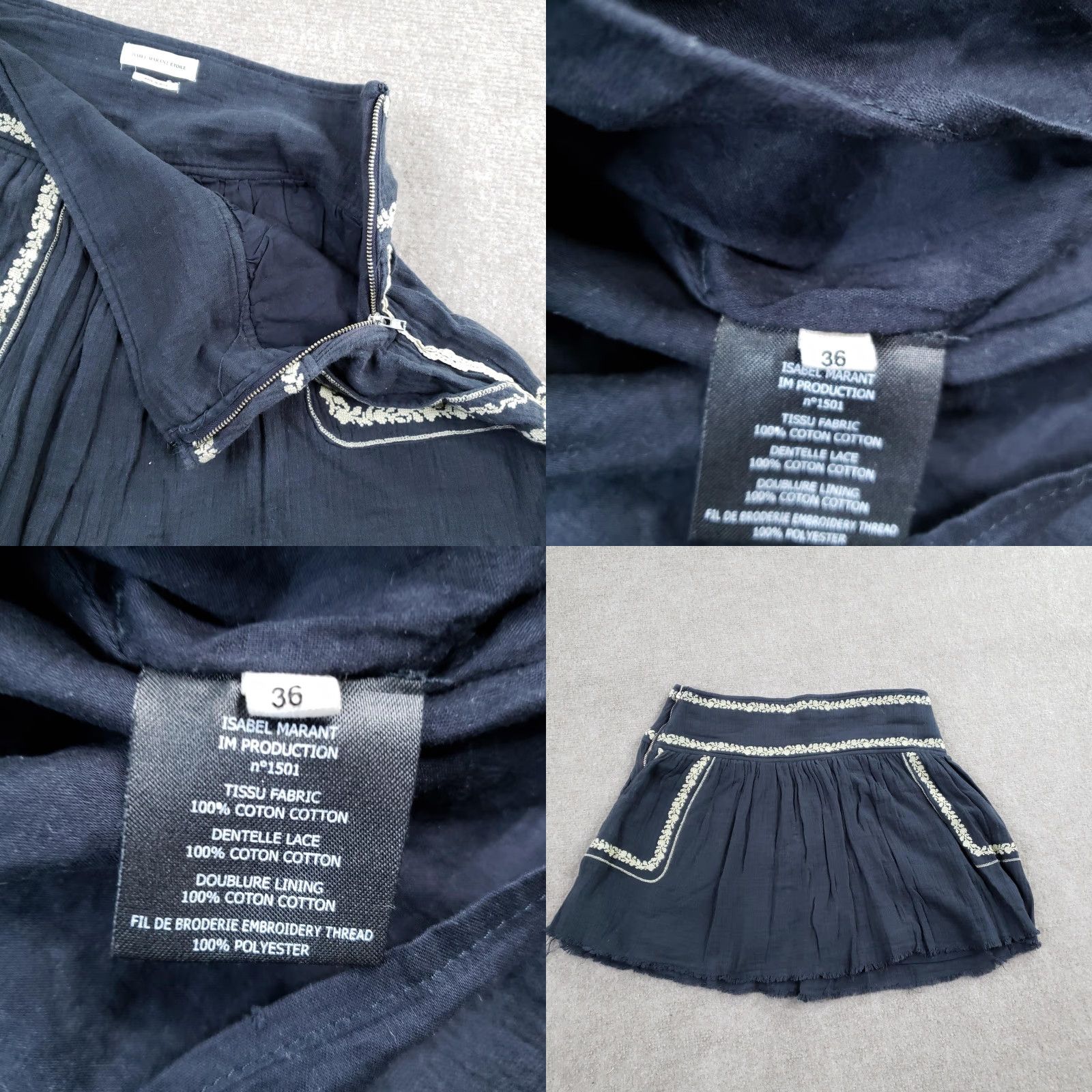 Vintage Isabel Marant Etoile Skirt Womens 36 Flare Short Navy Blue Embroidered Floral Pockets Lined Zip Bohemian Festival Casual Party/Cocktail Size 25" / US 0 / IT 36 - 8 Thumbnail