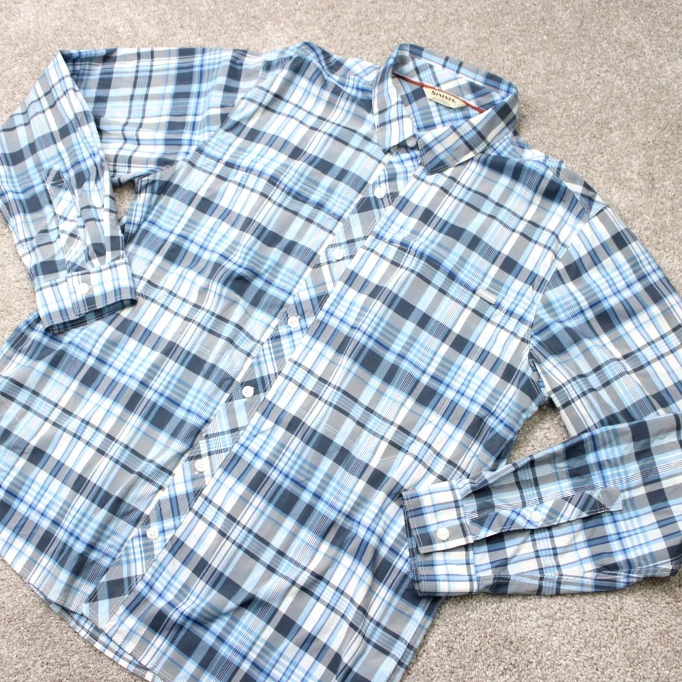 Vintage Simms Shirt Mens Large Blue Plaid Brrr Nylon Stretch Button-Up Long Sleeve Fishing Shirt Size US L / EU 52-54 / 3 - 3 Thumbnail