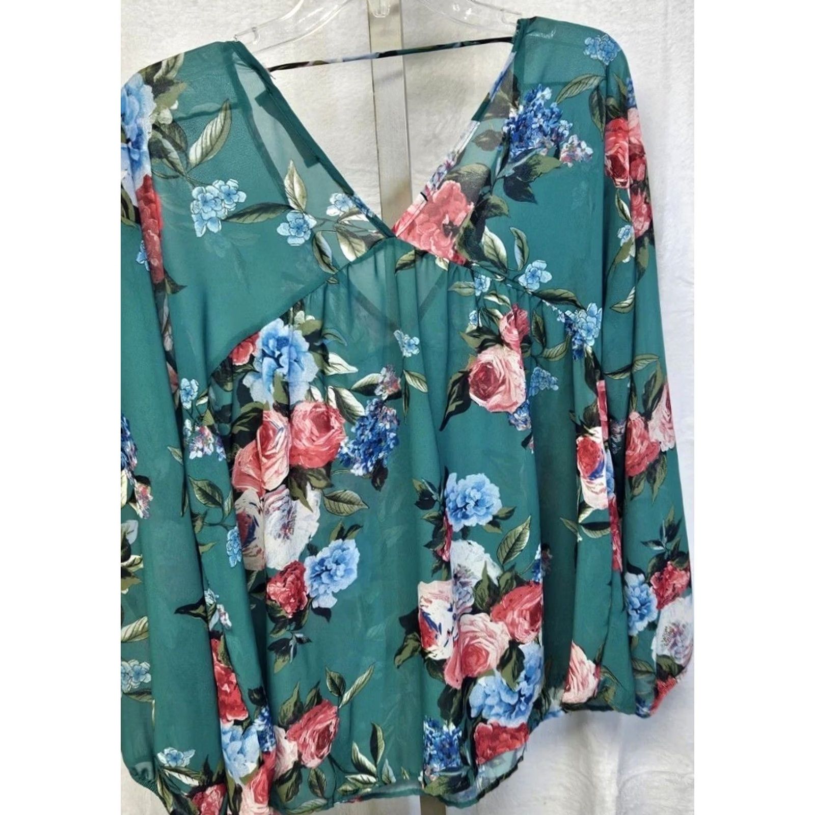 Vintage Women’s L Madeline Teal Floral Chiffon Sheer Boho Romantic V Neck Blouse Size L / US 10 / IT 46 - 2 Thumbnail